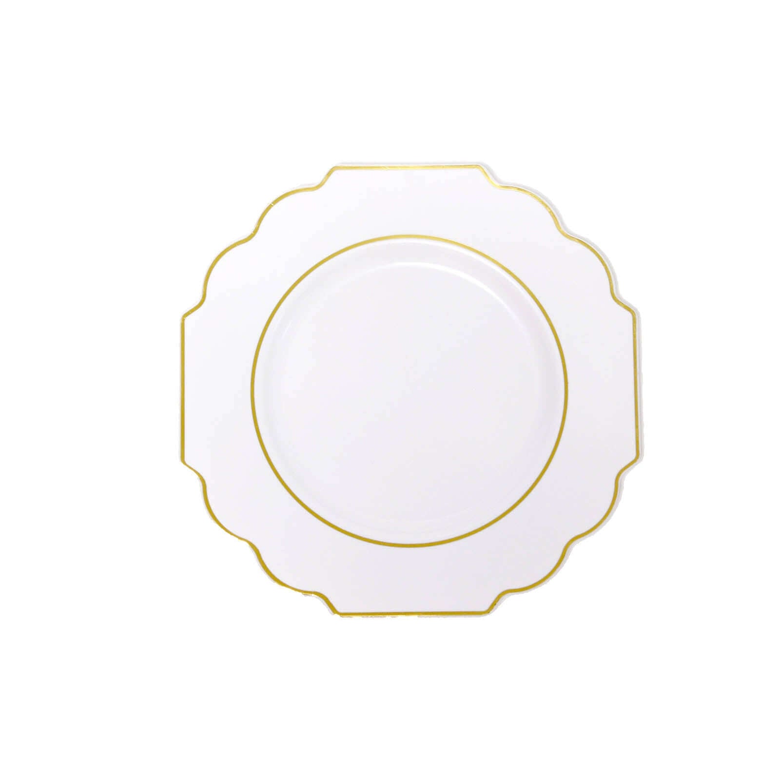 10-Pack Plastic Dessert Appetizer Plates in White Baroque Design with Scalloped Gold Rim - Heavy Duty Disposable Salad Plates for Formal Events & Banquets 8