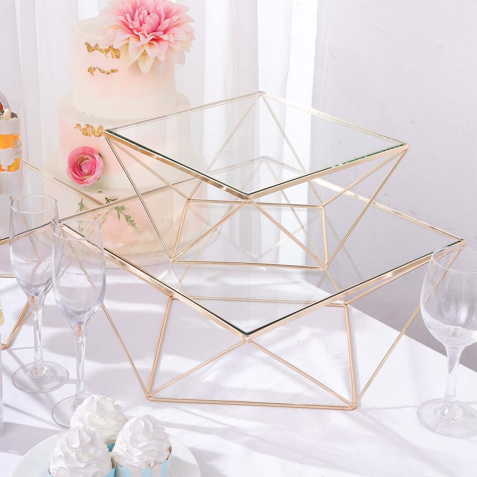 Set of 3 Metal Cake Dessert Stands Geometric Stackable Design Gold with Square Glass Top - Pedestal Display Centerpieces