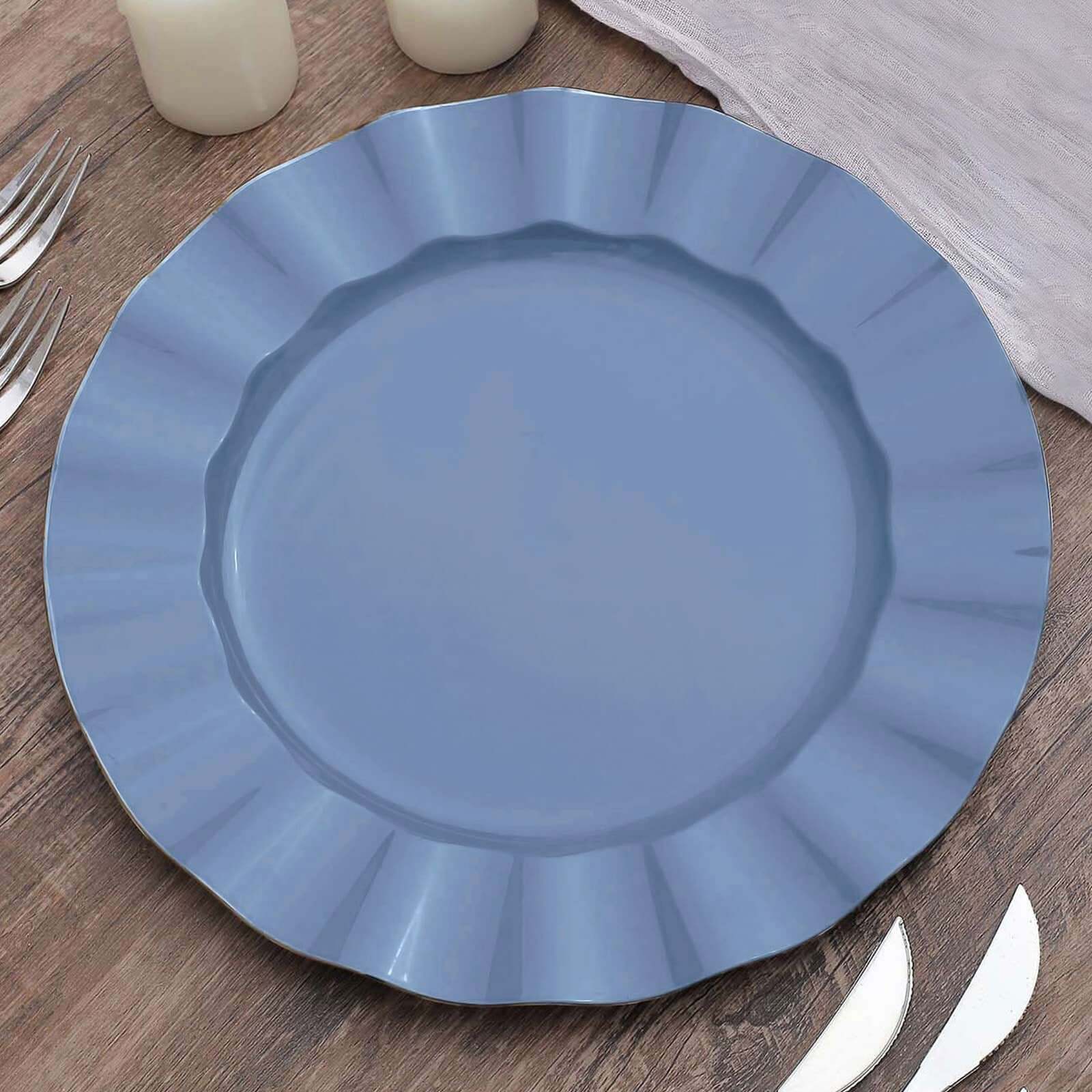 10-Pack Plastic 11 Round Dinner Plates in Ocean Blue Ruffled Rim with Gold Edging - Sturdy Disposable Dinnerware