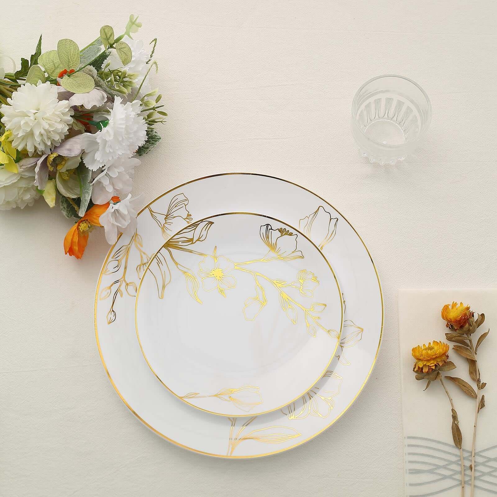 Set of 20 Plastic Round Dinner and Dessert Plates in White with Metallic Gold Floral Design - Stylish Disposable Dinnerware for Banquets & Special Occasions 8, 10