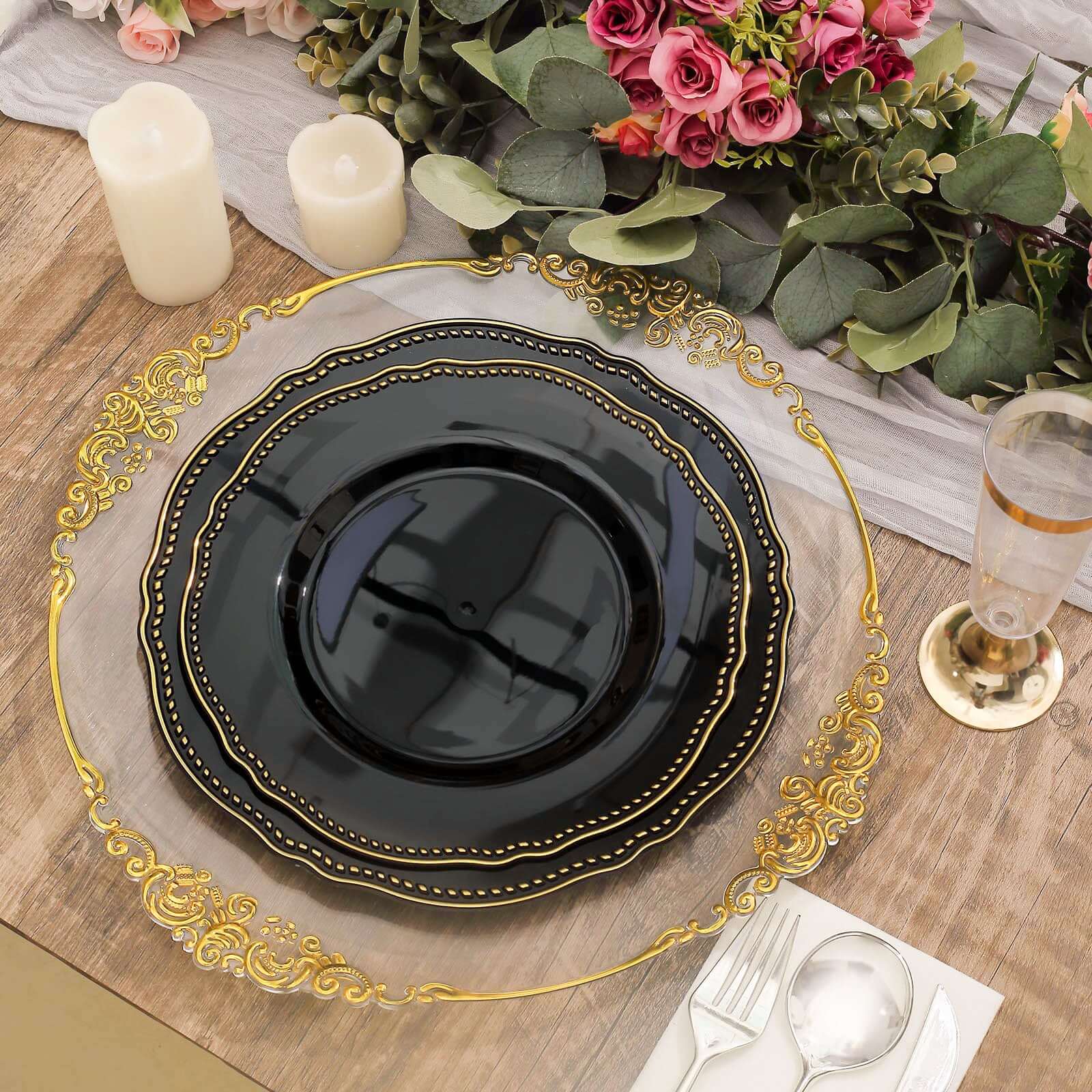 10-Pack Plastic Dinner Plates in Black with Gold Scalloped Rim - Disposable Party Plates for Upscale Events & Banquets 9