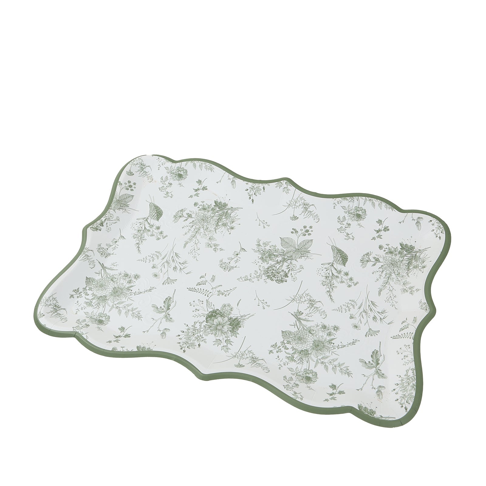 10-Pack Paper 14x10 Rectangle Serving Trays White/Sage Green - Heavy Duty Disposable 400GSM Cardboard Party Platters with French Toile Pattern for Weddings & Parties