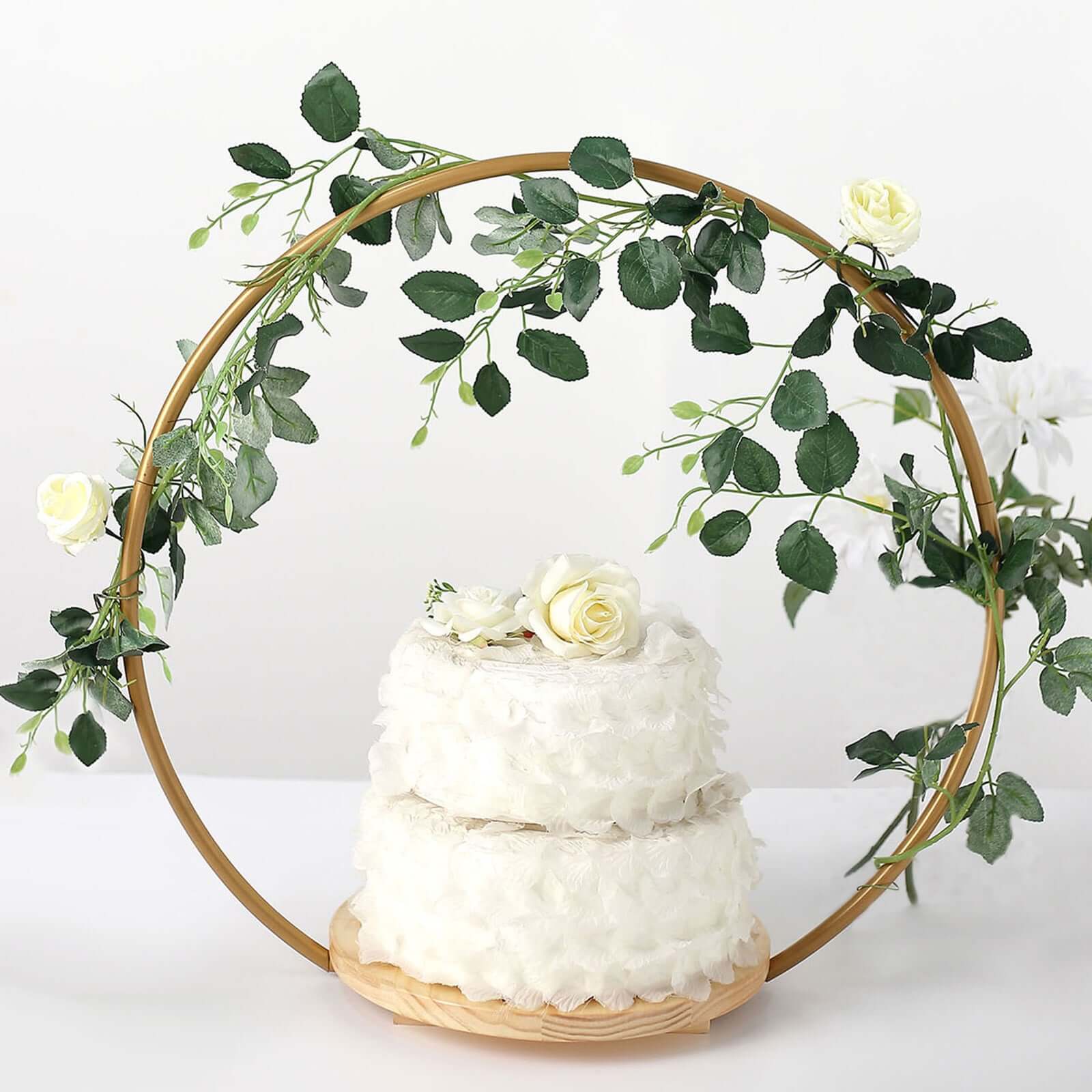 Metal Round Floral Hoop Cake Stand Gold - Chic Geometric Dessert Display DIY Centerpiece Table Decoration With Wooden Base 20