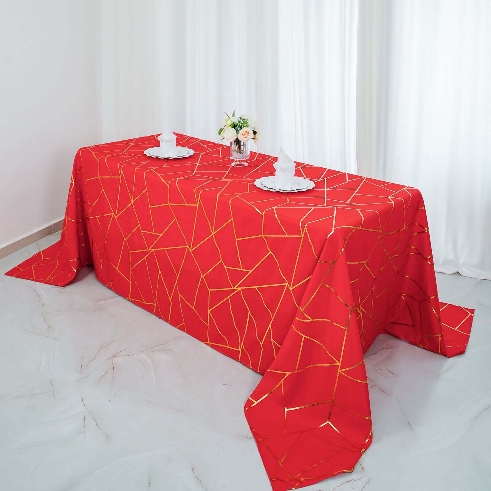 Polyester 90x132 Rectangle Tablecloth Red Seamless with Gold Foil Geometric Pattern - Wrinkle-Resistant Seamless Table Cover