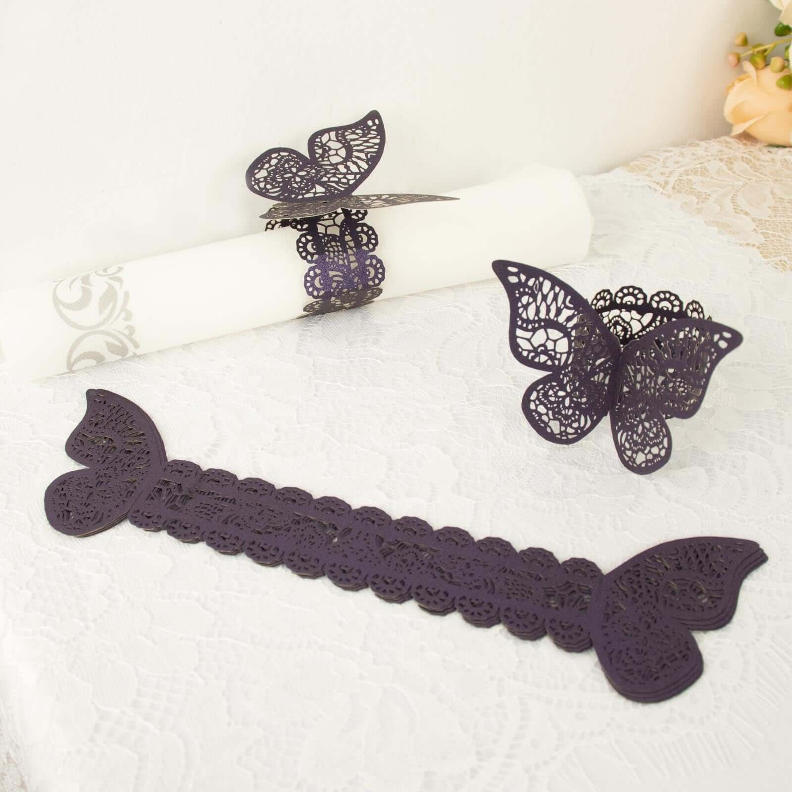 12-Pack Paper Napkin Rings Laser Cut Butterfly Purple Shimmery - Decorative Serviette Holders