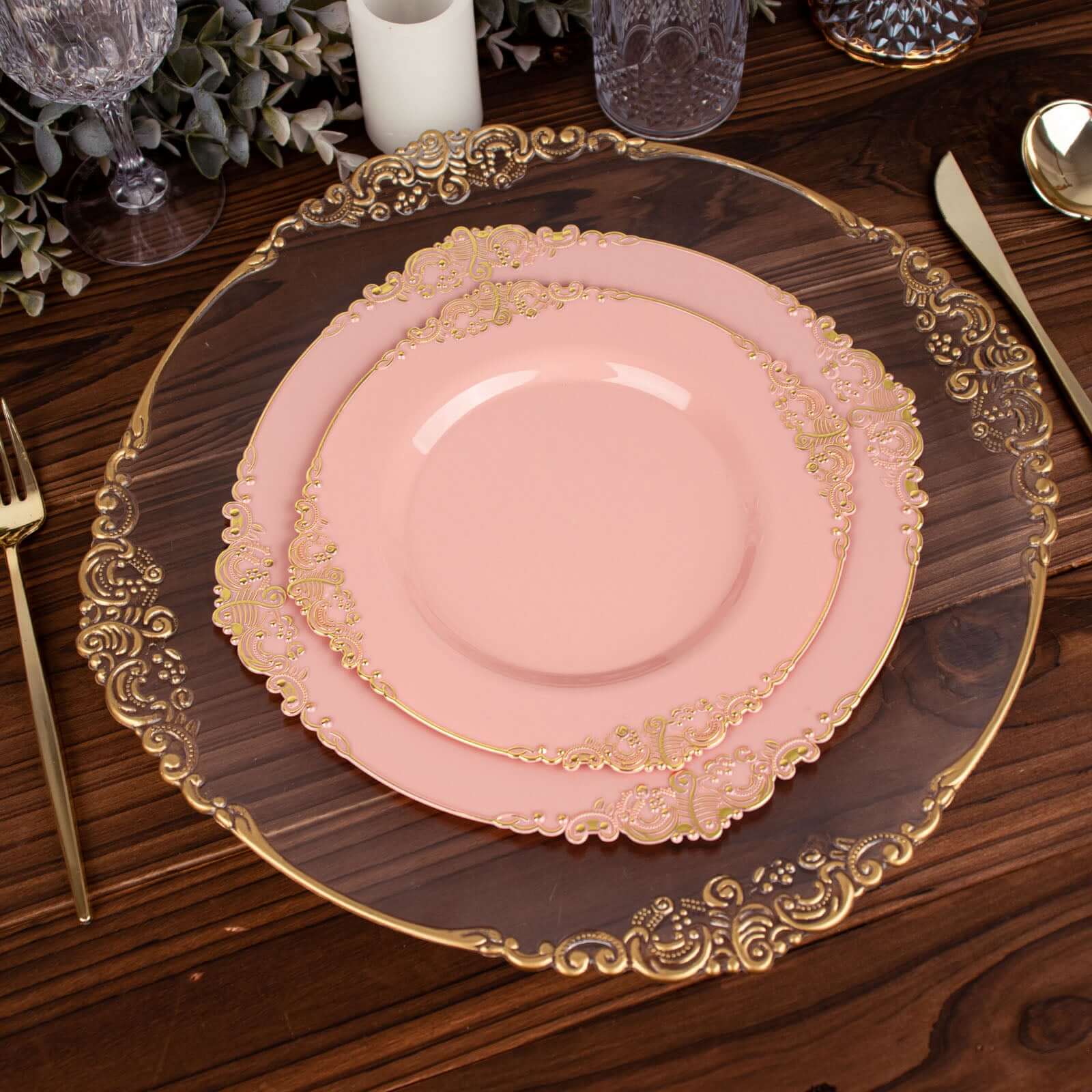 10-Pack Plastic 8 Round Dessert Plates in Dusty Rose with Gold Leaf Embossed Rim - Disposable Vintage Baroque Style Salad Plates