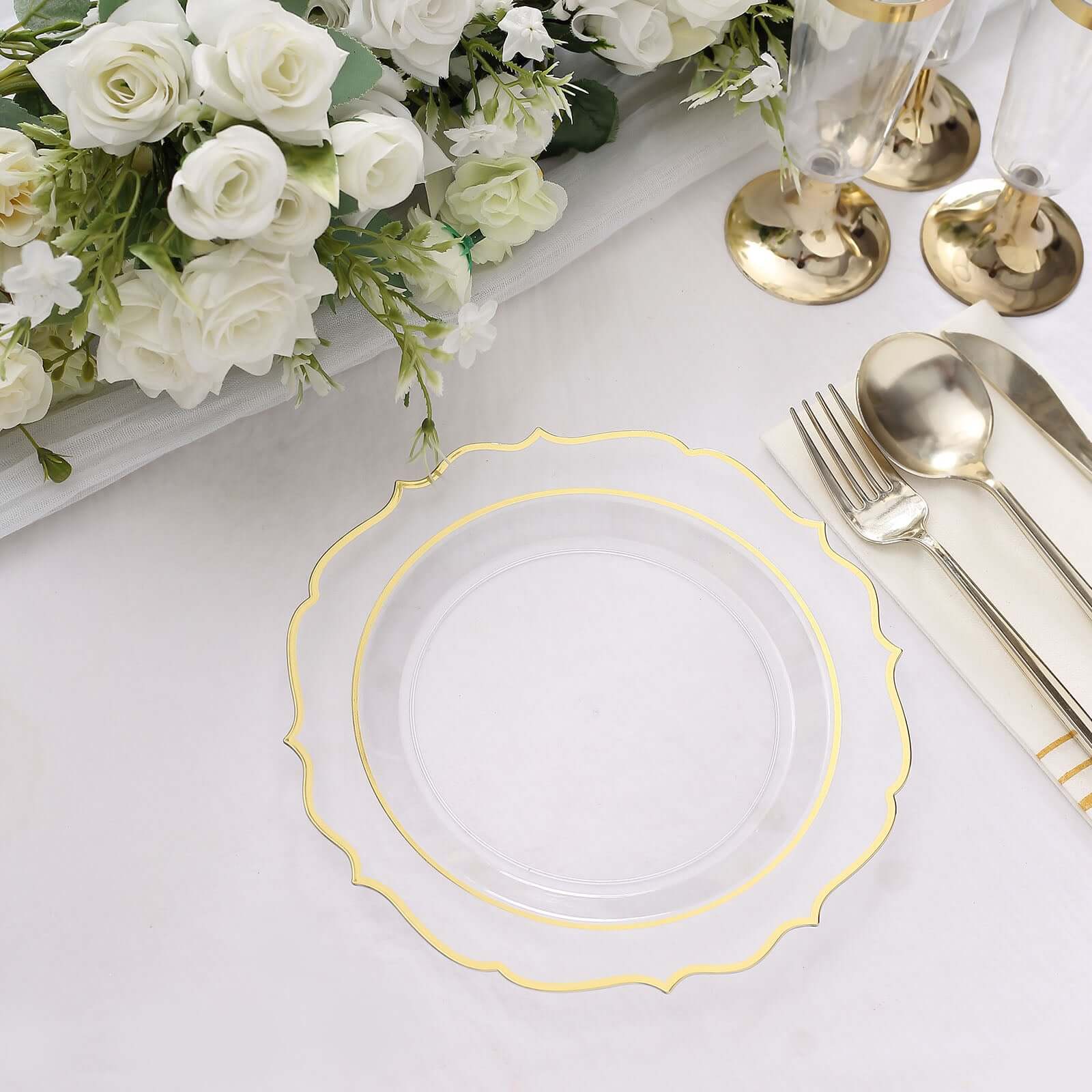 10-Pack Plastic 8 Round Desert Plates in Clear with Gold Scalloped Rim - Disposable Appetizer/Salad Plates