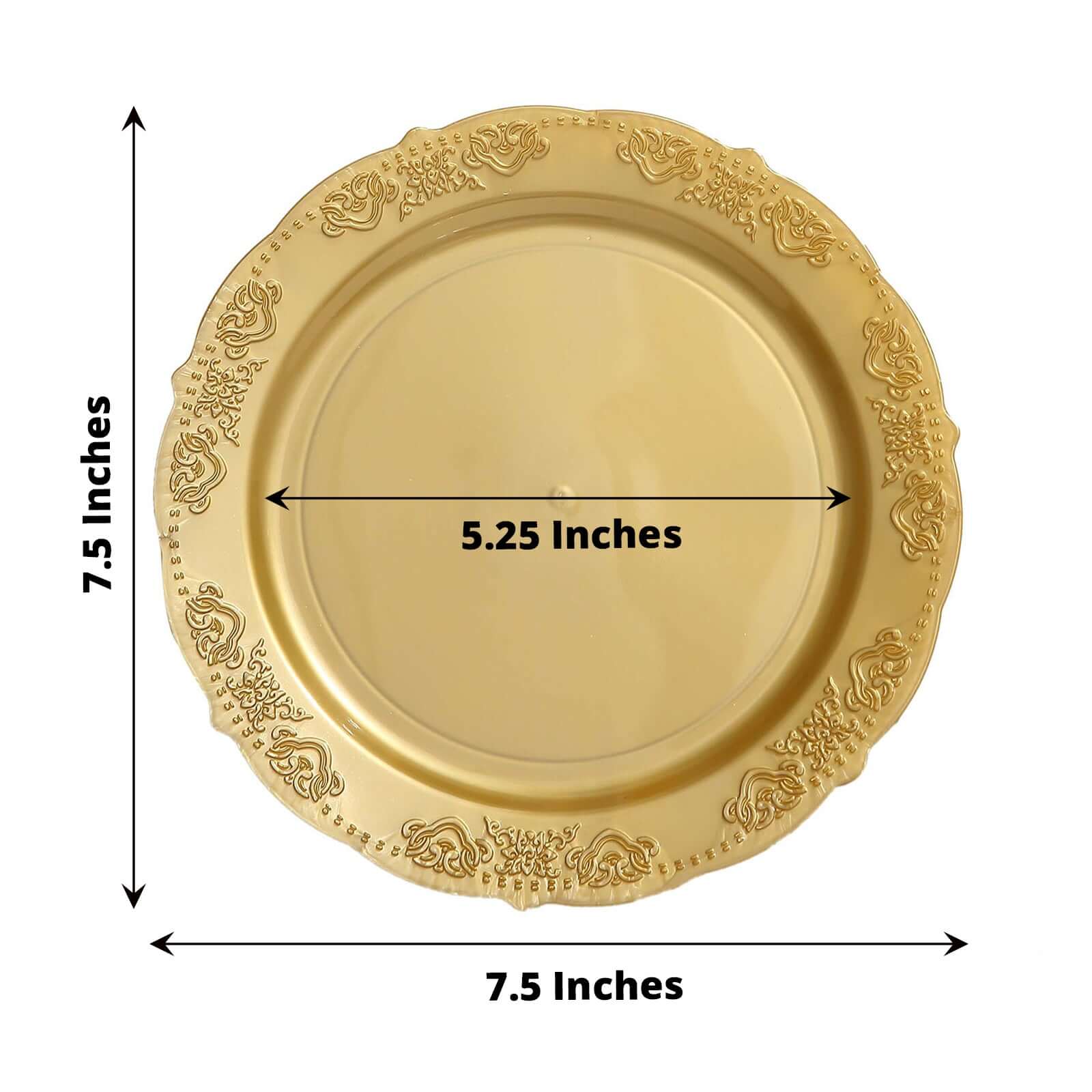 10-Pack Plastic 7.5 Round Appetizer Plates Gold Embossed Scalloped Edge - Chic Disposable Salad Plates for Special Occasions & Banquets