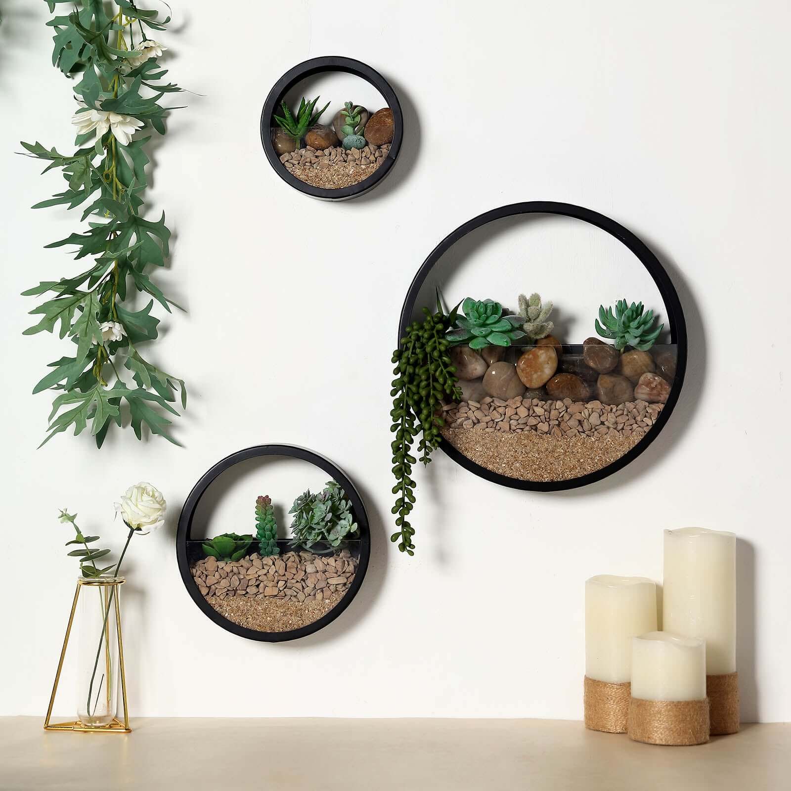 Set of 3 Black Half Moon Wall Planters, Round Metal Wall Hanging Planter, Modern Indoor Outdoor Terrarium - 6,8,12