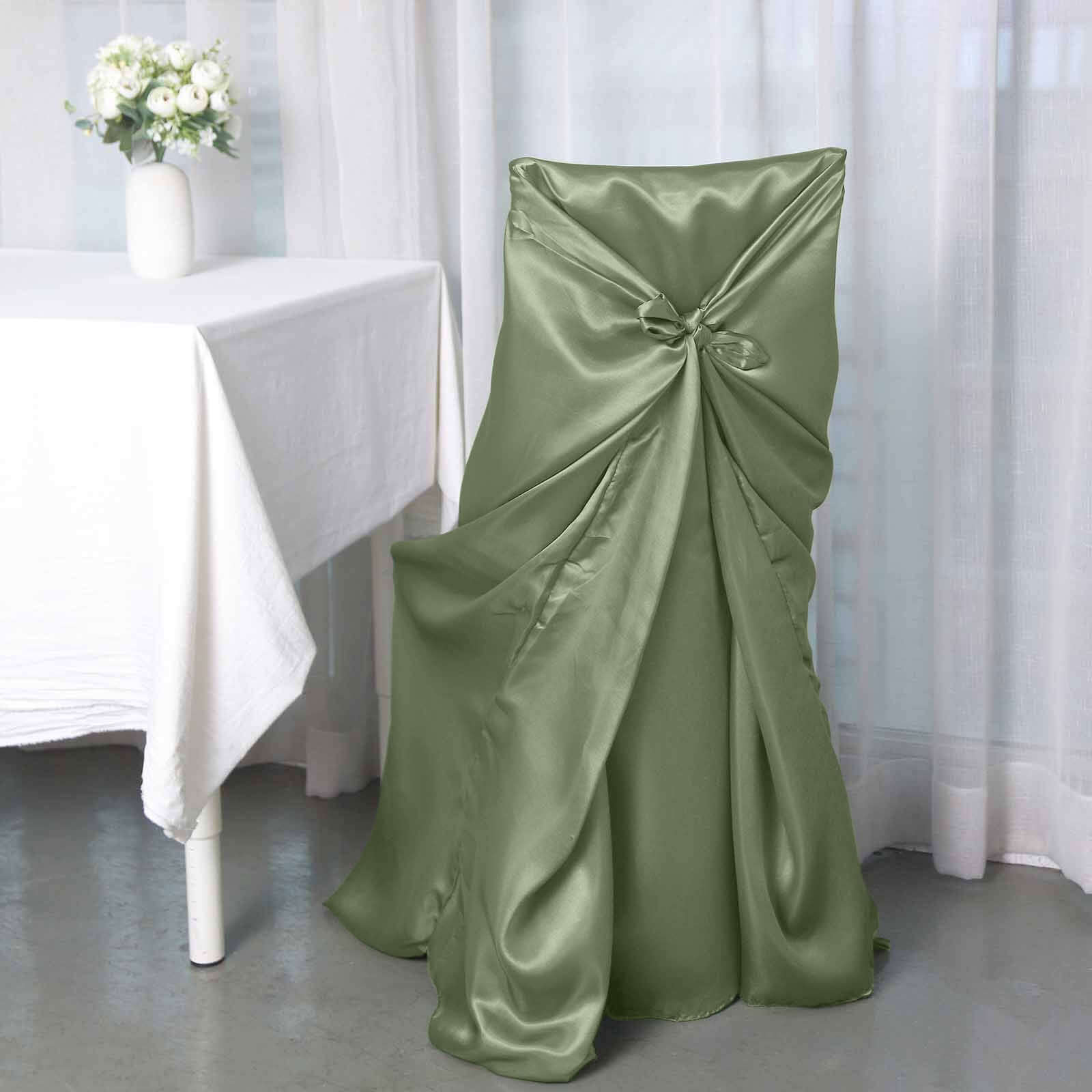 Satin Chair Cover Self-Tie Universal Design Dusty Sage Green - Durable Slip-On Cover for Folding, Dining, Banquet & Standard Chairs