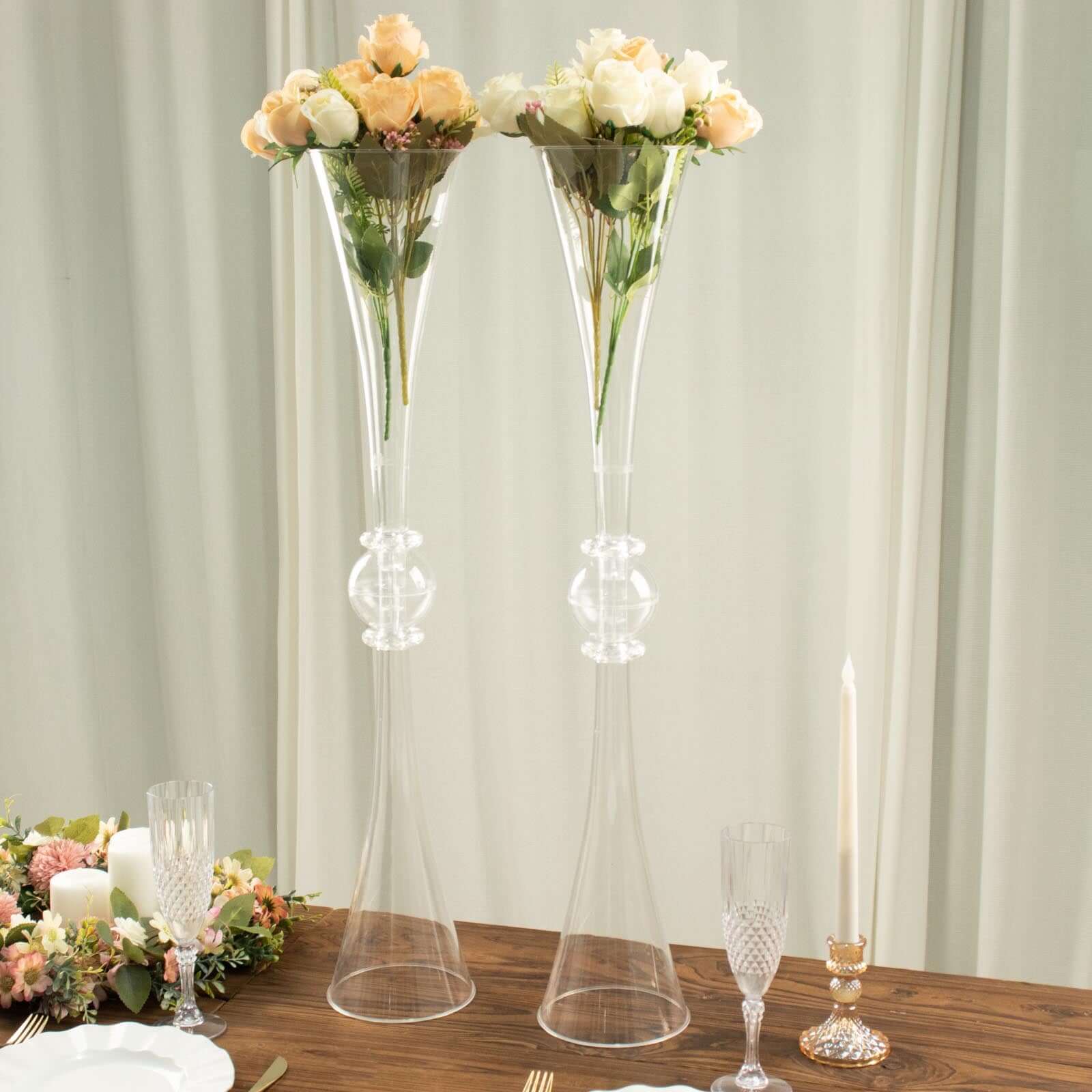 2 Pack 31 Clear Crystal Embellishment Trumpet Flower Vase, Reversible Plastic Table Centerpiece
