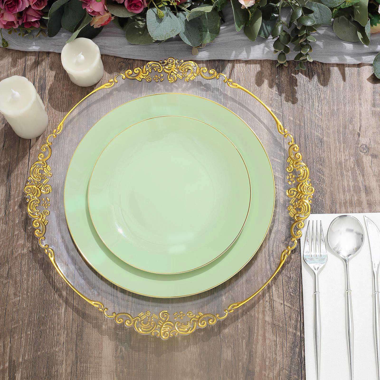 10-Pack Plastic 8 Round Dessert Plates in Sage Green with Gold Rim - Glossy Disposable Appetizer Salad Plates