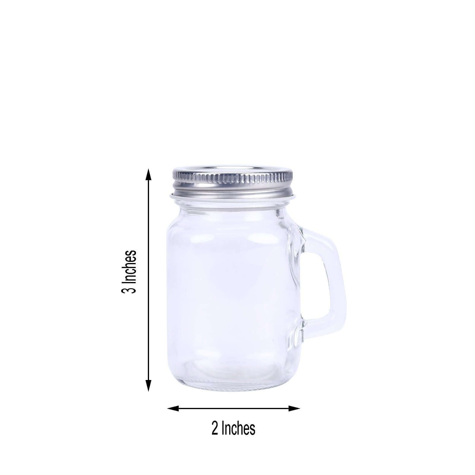 12-Pack Glass Mason Jars Rustic Design Clear with Handles and Silver Screw-On Lids - Trendy Containers for Drinks & Events 4oz