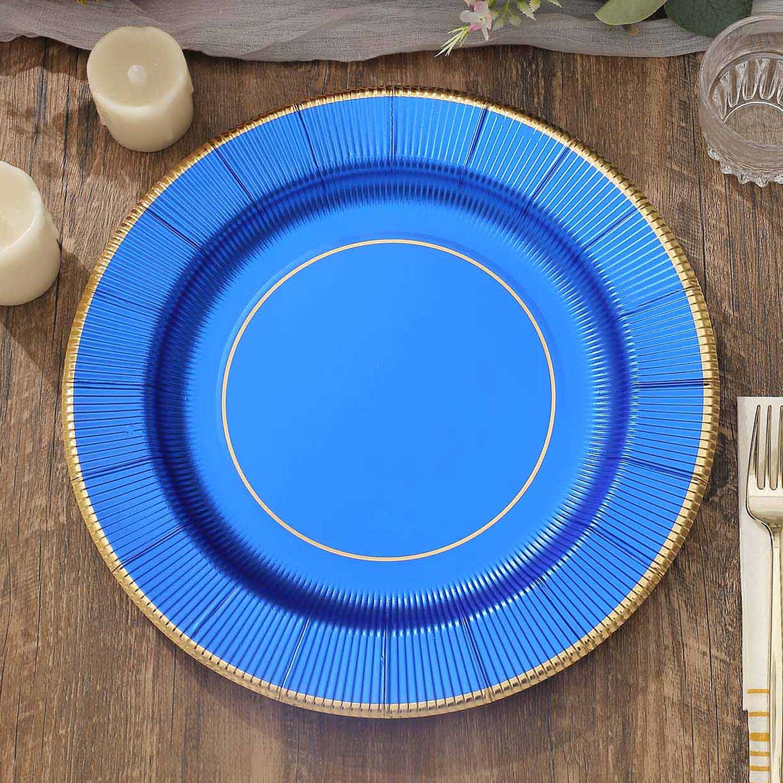 25-Pack Disposable Round Charger Plates in Royal Blue Sunray Design with Gold Rim - 350GSM Heavy Duty Paper Chargers 13