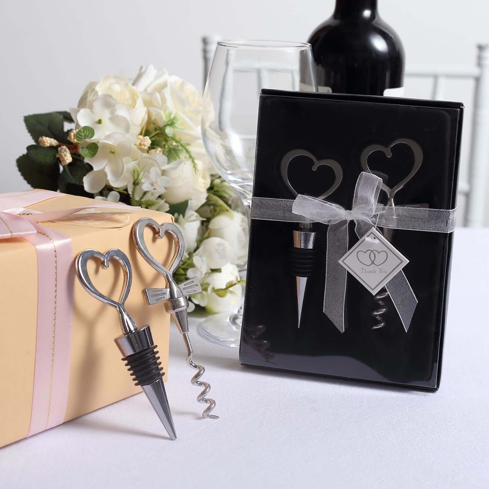 Silver Metal Heart Wine Bottle Opener Cork Stopper Party Favors Souvenir Gift Set, Wedding Favor in Velvet Box - 4.5,5