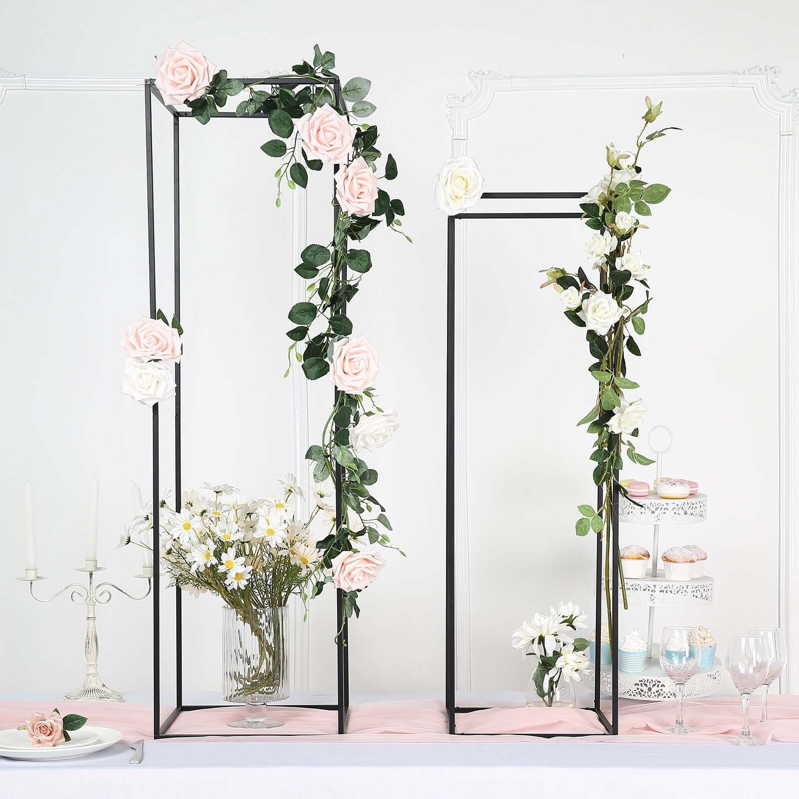 2-Pack Wedding Flower Stand Matte Black Metal Geometric Column Frame Rectangular - Versatile Floral Pedestal for Sophisticated Arrangements 40