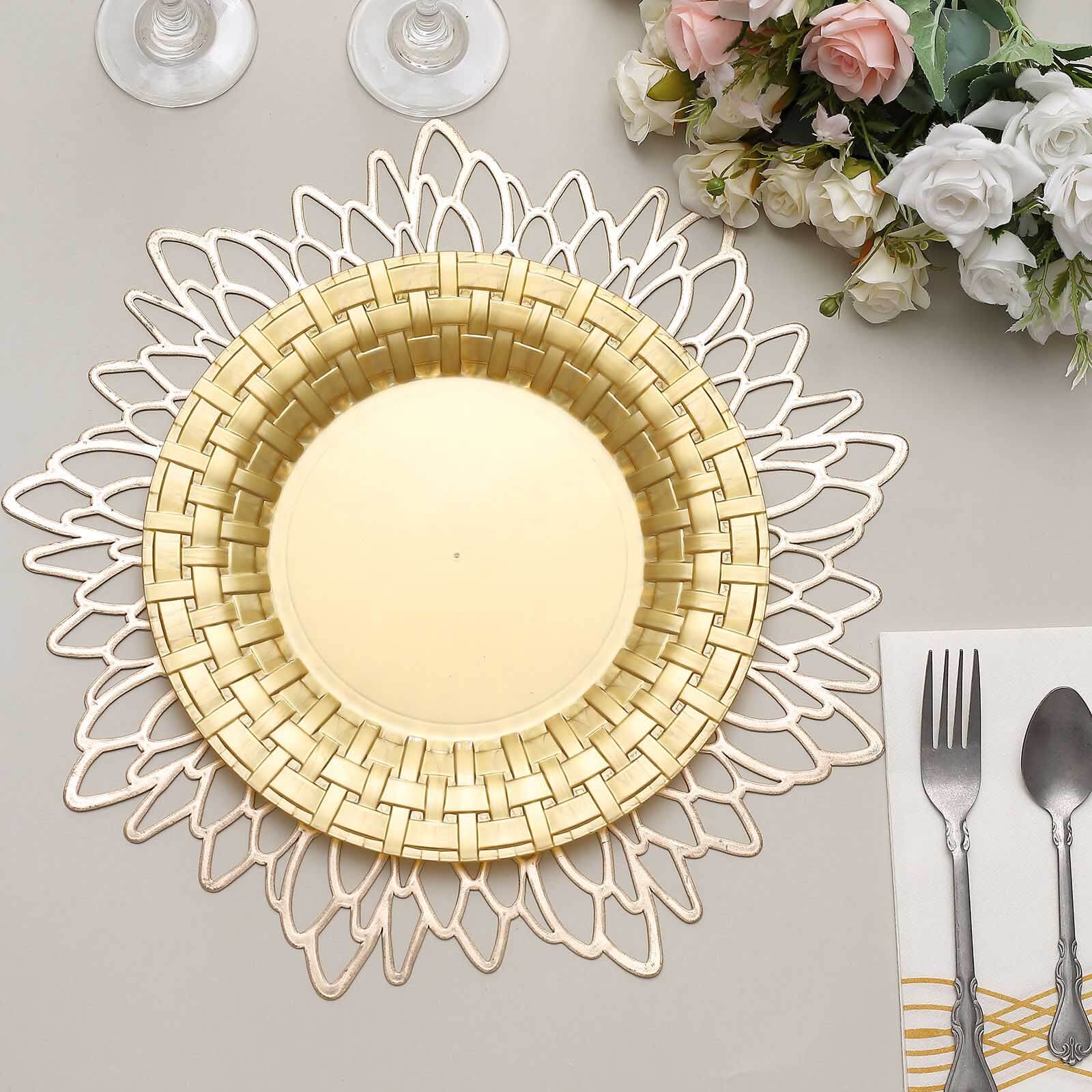 10-Pack Plastic Dinner Plates Gold Basketweave Rim - Durable Disposable Dinner Plates 10