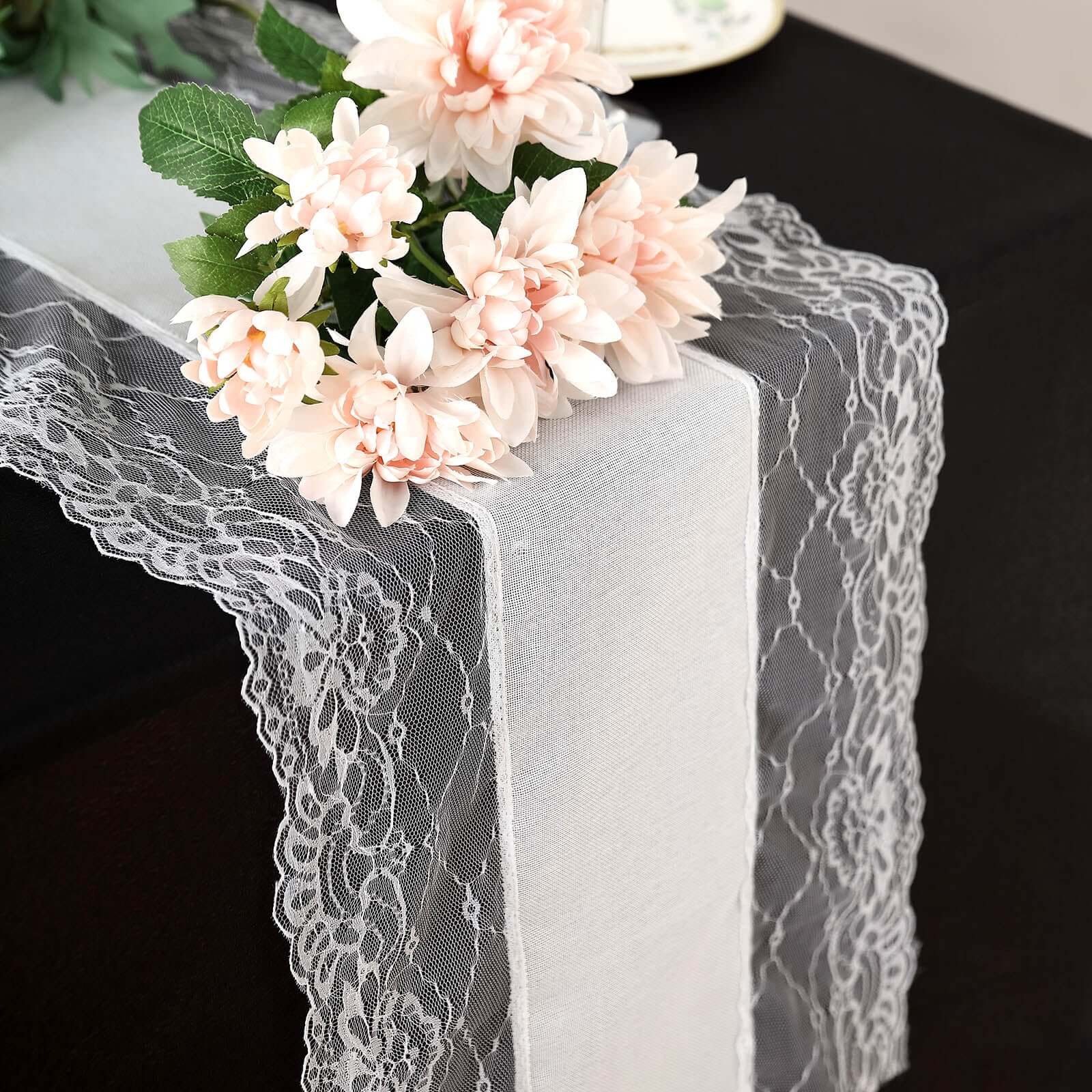 Faux Burlap Jute 16x108 Table Runner White With White Lace Edging - Rustic Farmhouse Table Linen