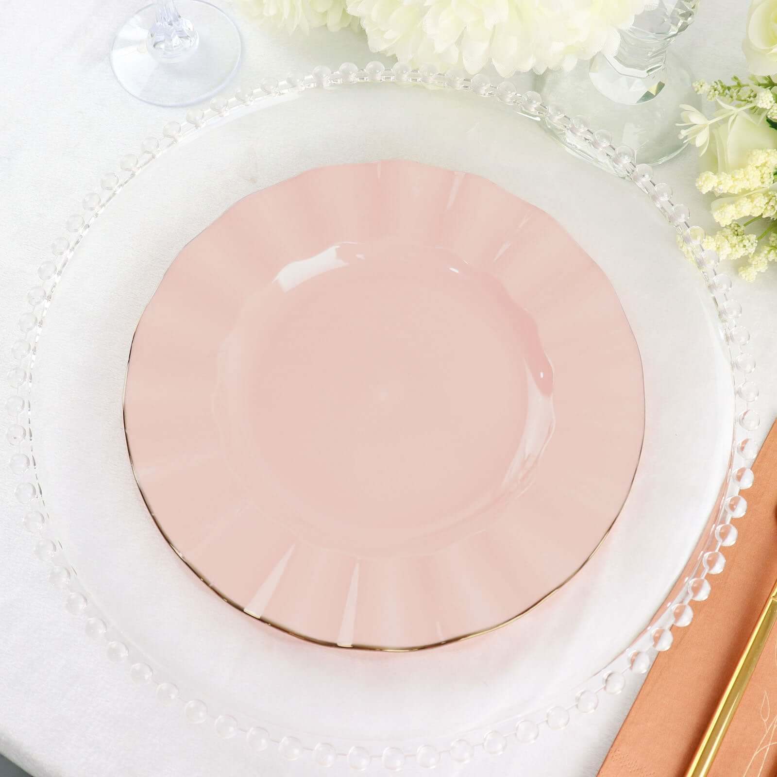 10-Pack Plastic 9 Round Dinner Plates in Blush Ruffled Rim with Gold Edging - Sturdy Disposable Dinnerware