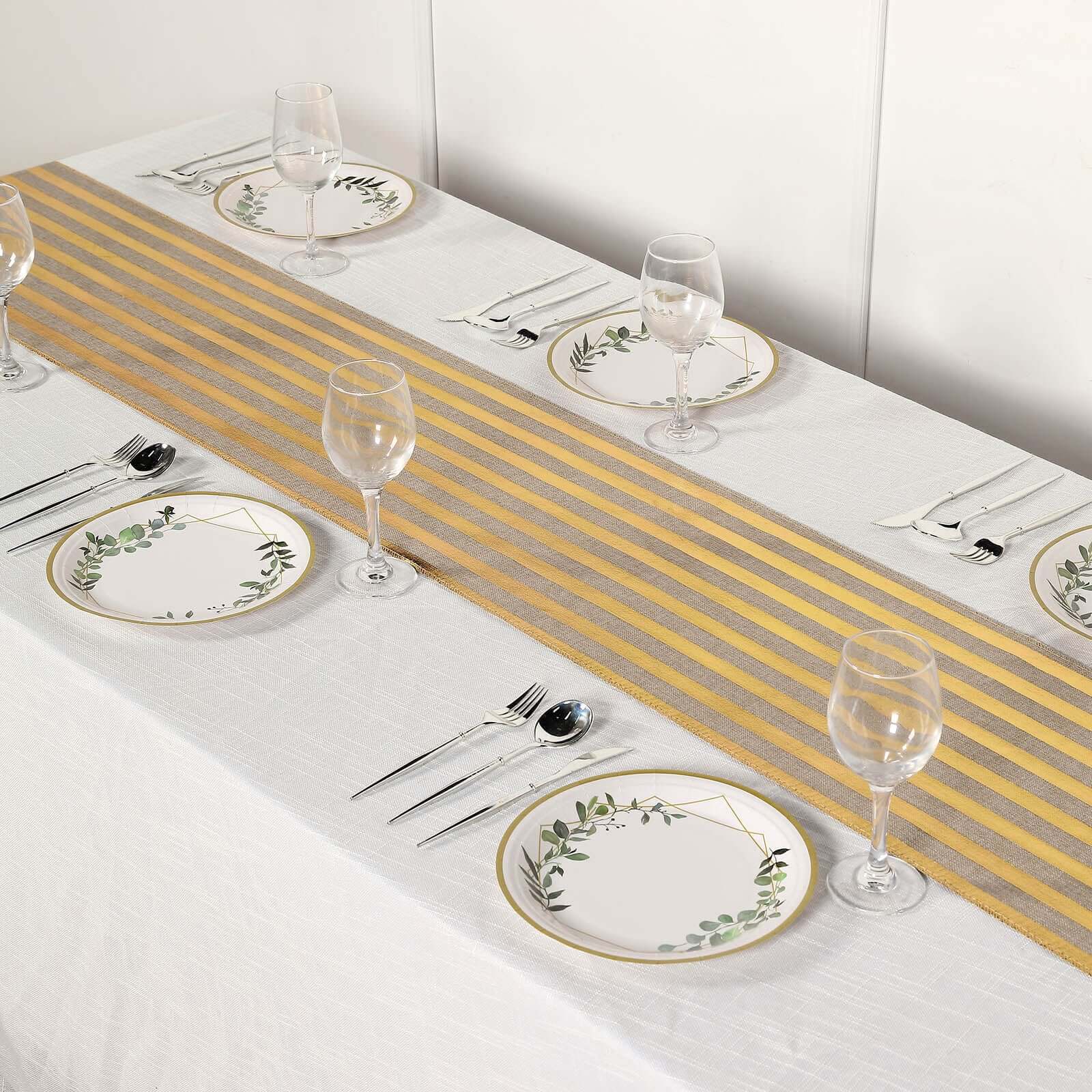 Faux Jute Burlap 12x108 Table Runner Taupe with Gold Stripes - Rustic Farmhouse Table Linen