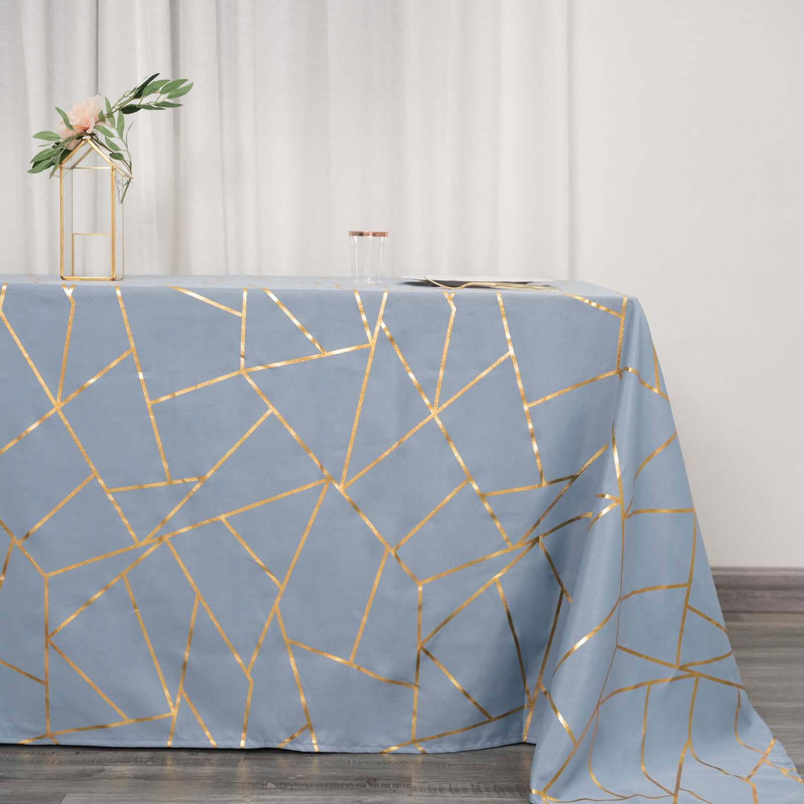 Polyester 60x132 Rectangle Tablecloth Dusty Blue with Gold Foil Geometric Pattern - Wrinkle-Resistant & Durable Table Cover for Weddings & Events