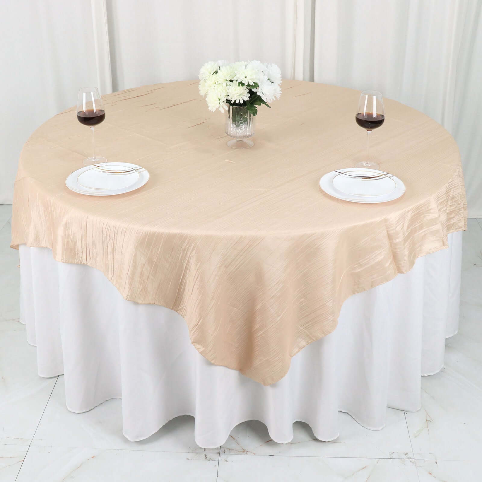 Taffeta 72x72 Table Overlay Square Tablecloth Beige - Accordion Crinkle Table Cover