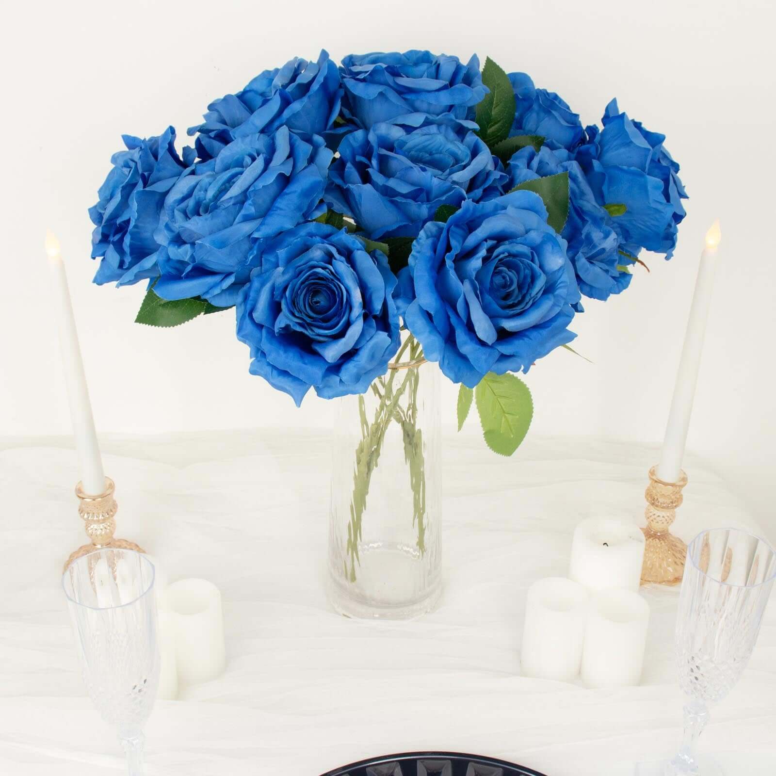 2 Bushes 17 Royal Blue Premium Silk Jumbo Rose Flower Bouquet, High Quality Artificial Wedding Floral Arrangements