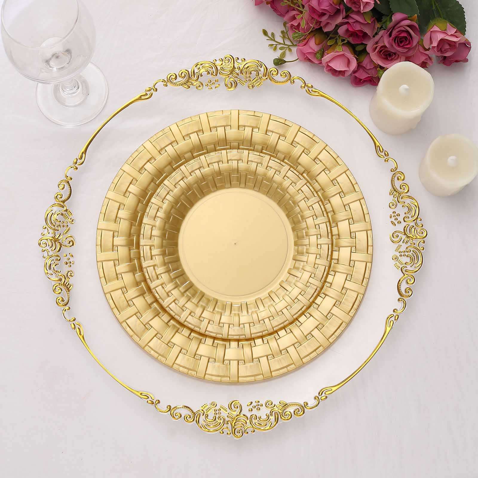 10-Pack Plastic Dinner Plates Gold Basketweave Rim - Durable Disposable Dinner Plates 10