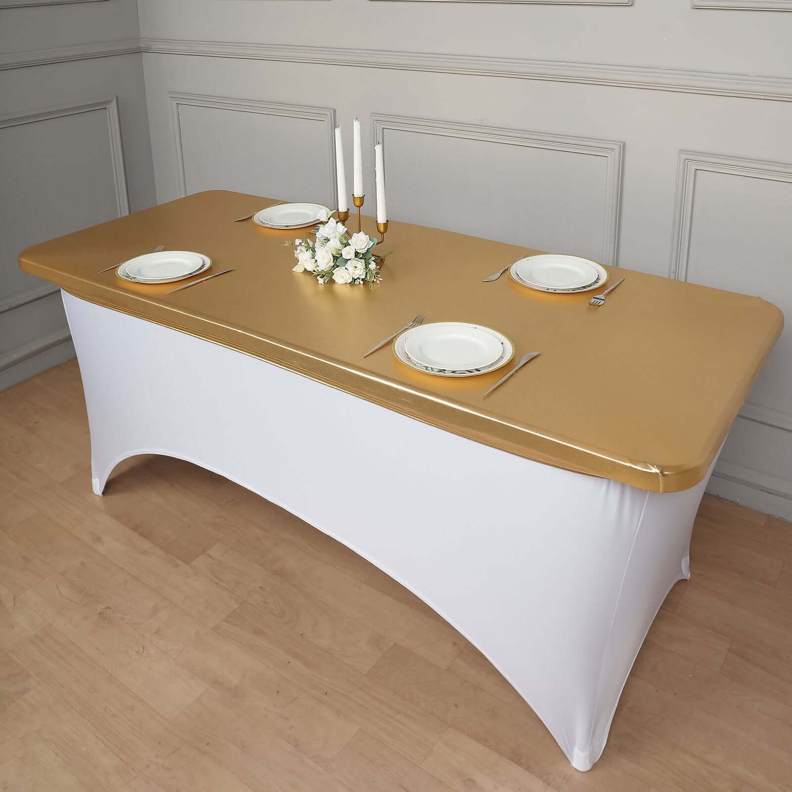 Stretch Spandex 72x30 Rectangle Table Top Cover Metallic Gold - Easy to Install Glamorous Fitted Table Topper Cap for Luxe Events