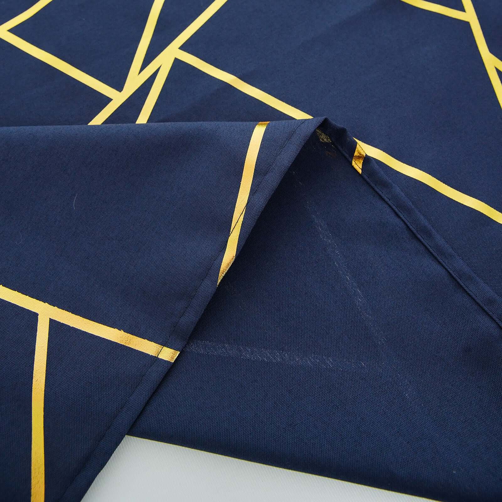 Polyester 90x156 Rectangle Tablecloth Navy Blue Seamless with Gold Foil Geometric Pattern - Wrinkle-Resistant Seamless Table Cover for Sophisticated Events