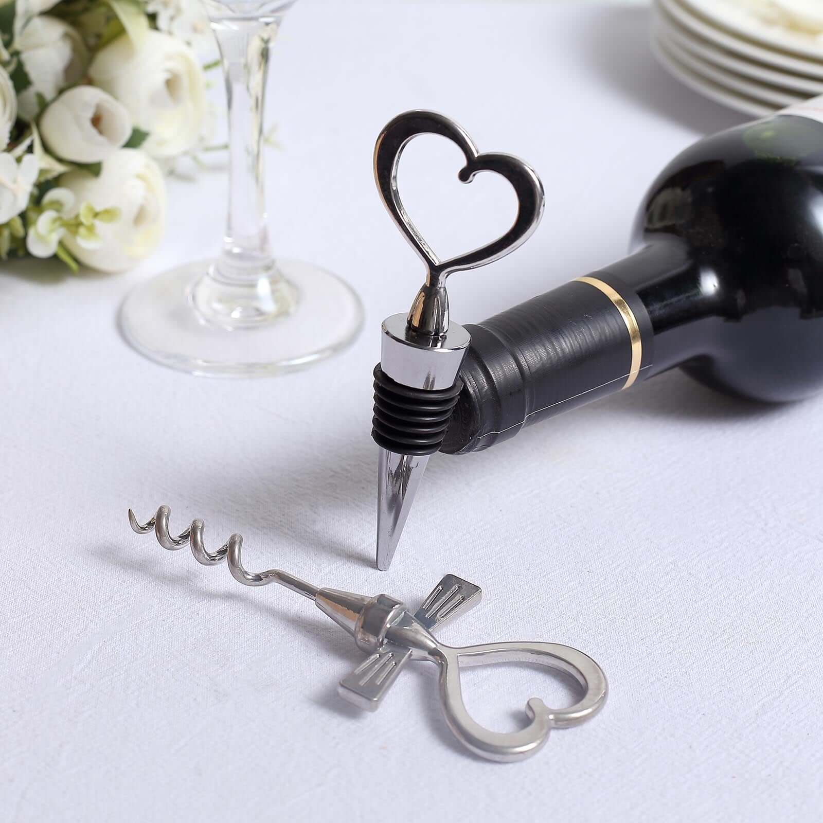 Silver Metal Heart Wine Bottle Opener Cork Stopper Party Favors Souvenir Gift Set, Wedding Favor in Velvet Box - 4.5,5