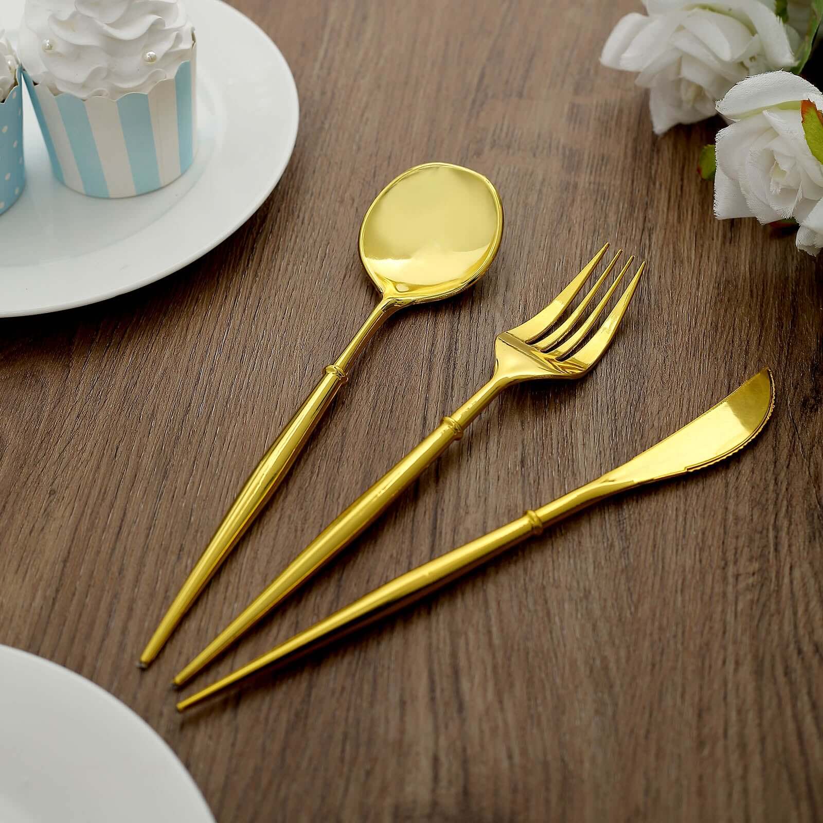 24-Pack Plastic Flatware Set in Gold - Heavy Duty Disposable Modern Silverware 8