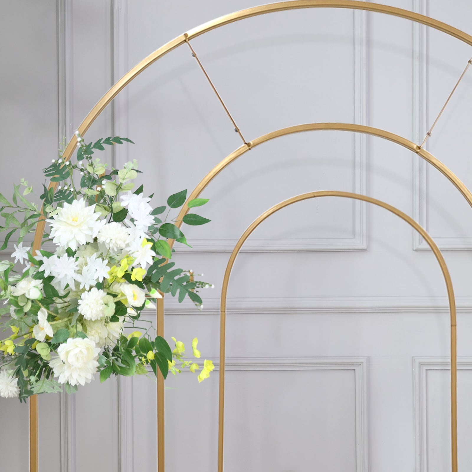 Set of 2 Gold Metal Round Top Chiara Backdrop Stand Wedding Arches, Double Arch Floral Balloon Frame Ceremony Arbors - 6ft,8ft