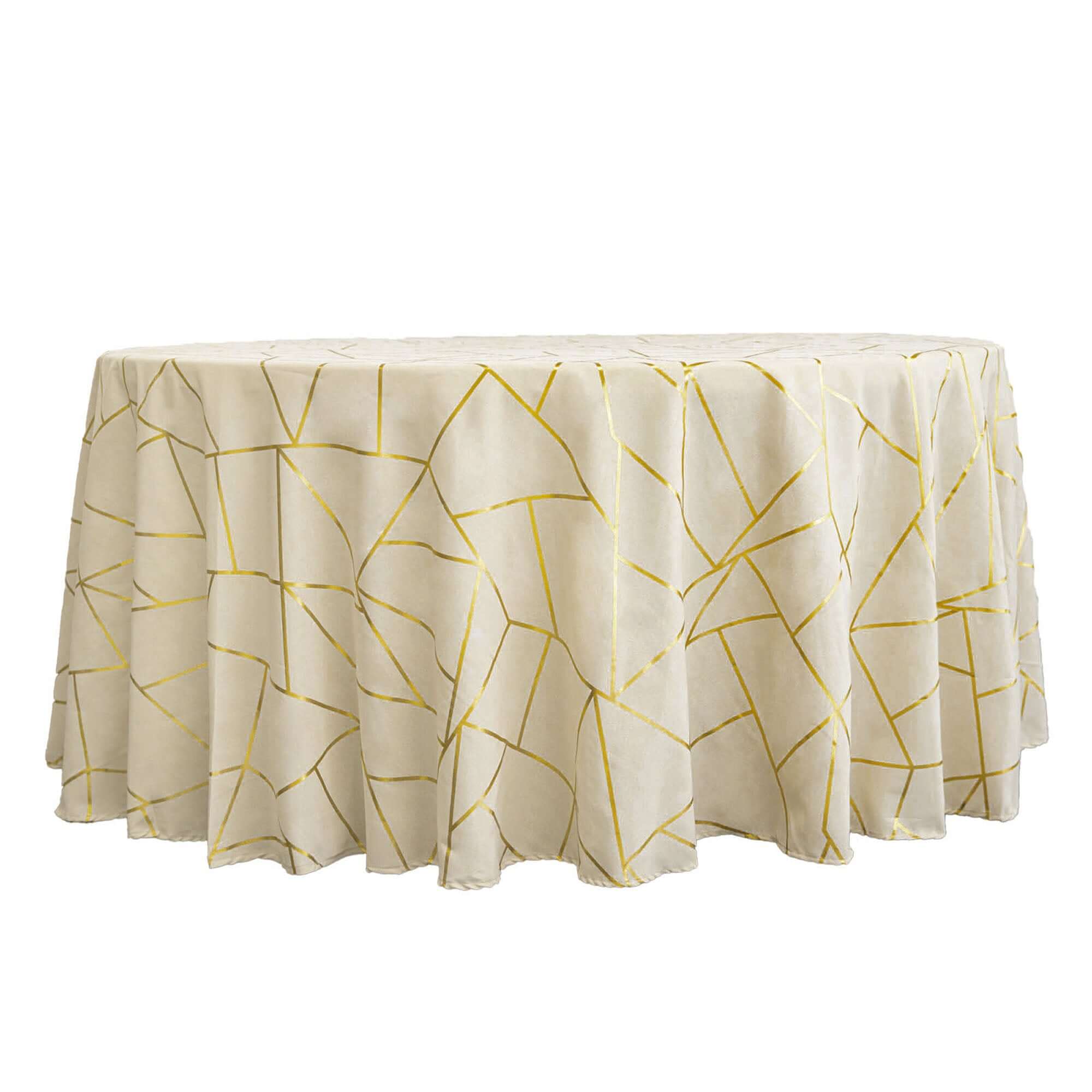 Polyester 120 Round Tablecloth Beige with Gold Foil Geometric Pattern Wrinkle-Resistant Seamless Table Cover