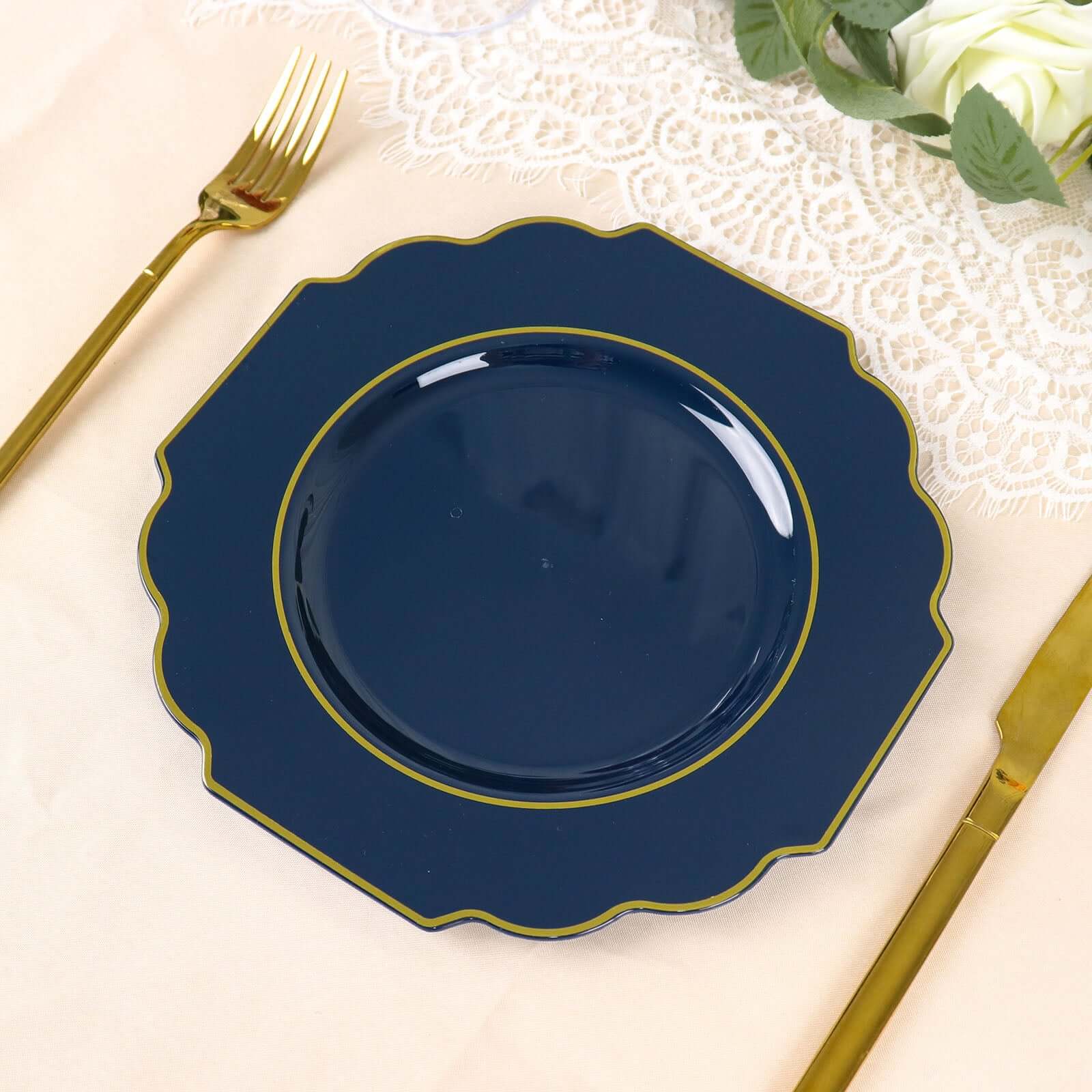 10 Pack 8 Navy Blue Hard Plastic Dessert Appetizer Plates, Disposable Tableware, Baroque Heavy Duty Salad Plates with Gold Rim