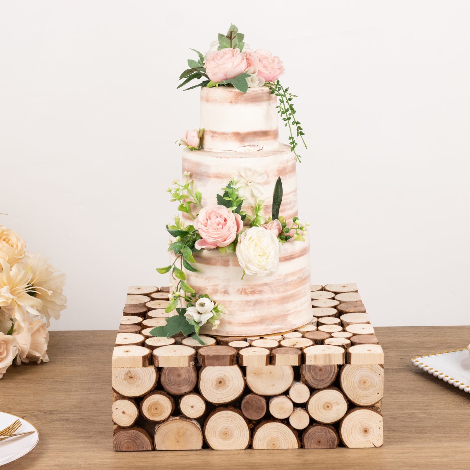 Wooden Cake Stand 14x14 Square Design Rustic Natural Slices - Farmhouse Display Box Pedestal Riser