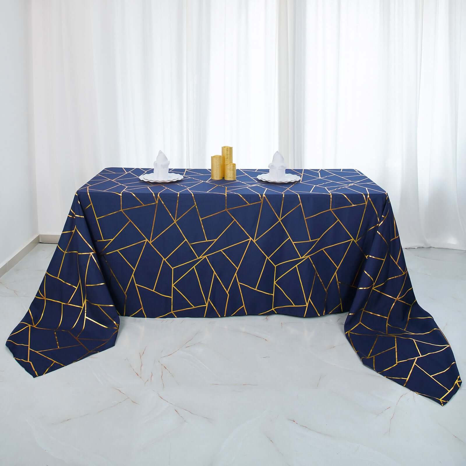 Polyester 90x156 Rectangle Tablecloth Navy Blue Seamless with Gold Foil Geometric Pattern - Wrinkle-Resistant Seamless Table Cover for Sophisticated Events