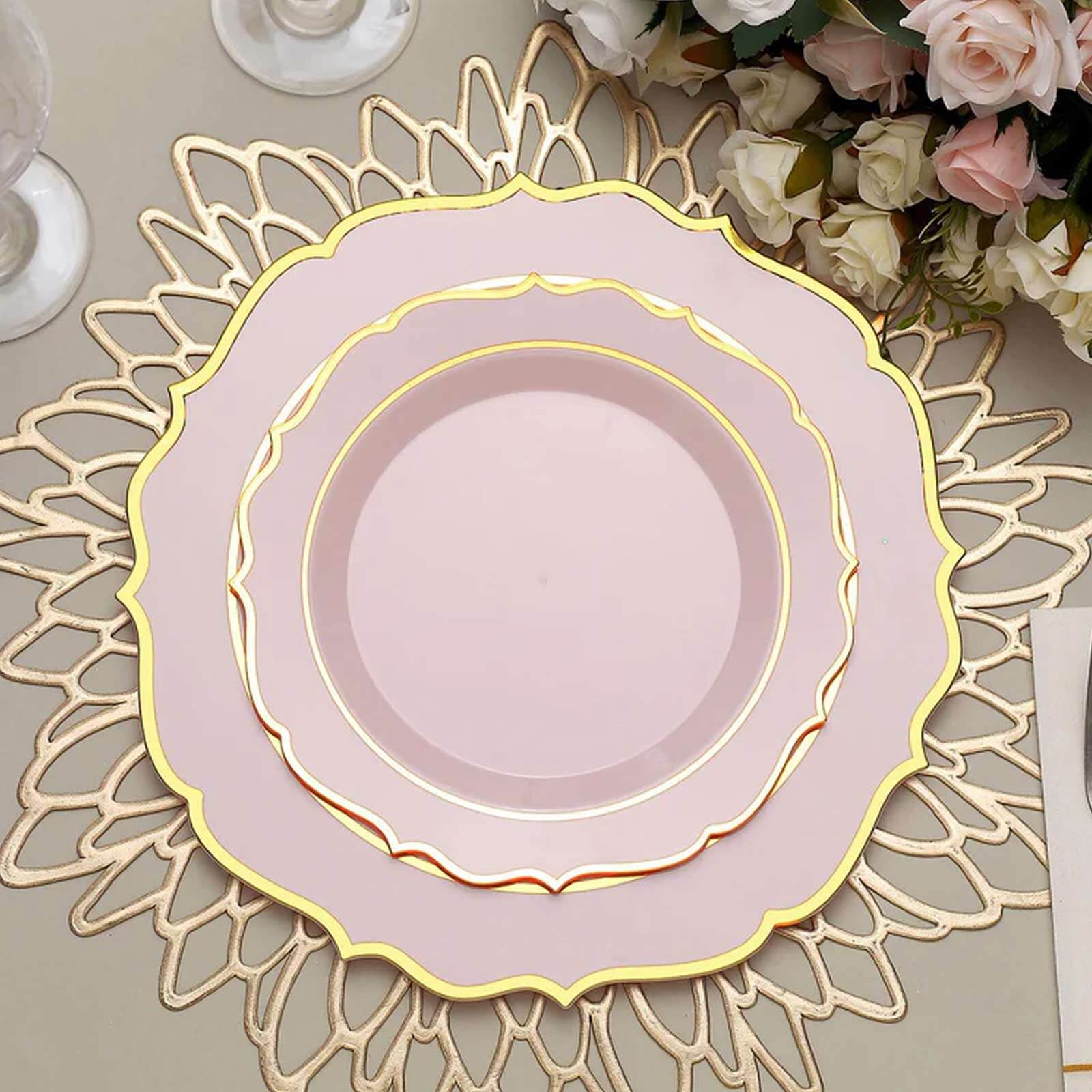 10-Pack Plastic 8 Round Desert Plates in Blush with Gold Scalloped Rim - Disposable Appetizer/Salad Plates