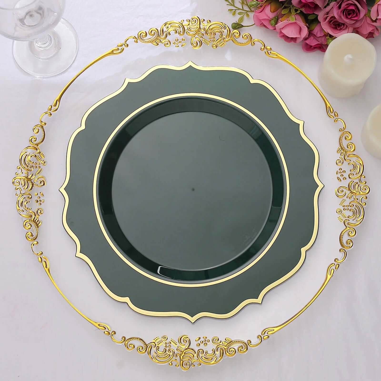 10-Pack Plastic 10 Round Dinner Plates in Hunter Emerald Green with Gold Scalloped Rim - Disposable Party Plates