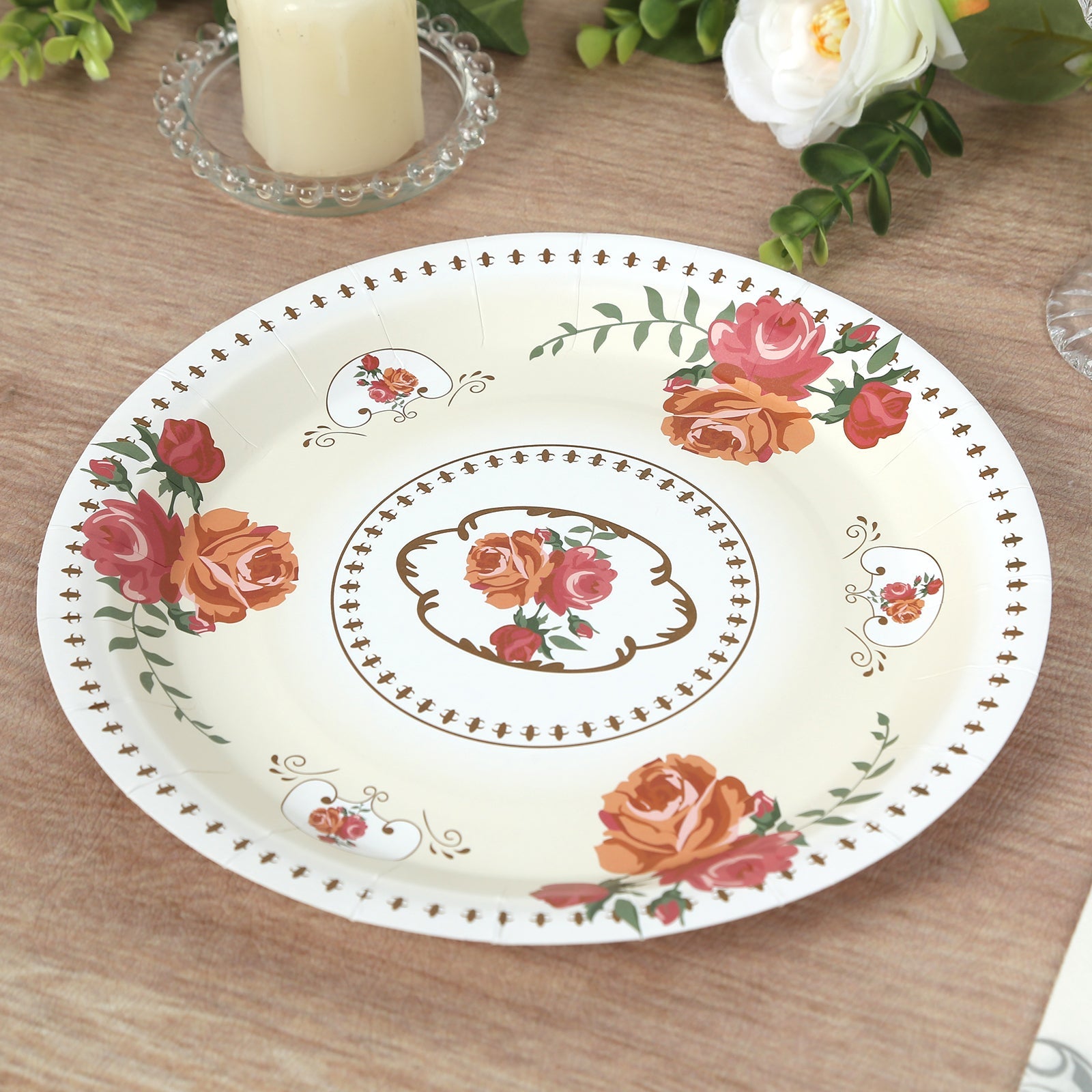 25-Pack Paper 9 Round Dinner Plates in Ivory with Vintage Rose Flower Print - Disposable Plates for High Tea Gatherings & Romantic Celebrations