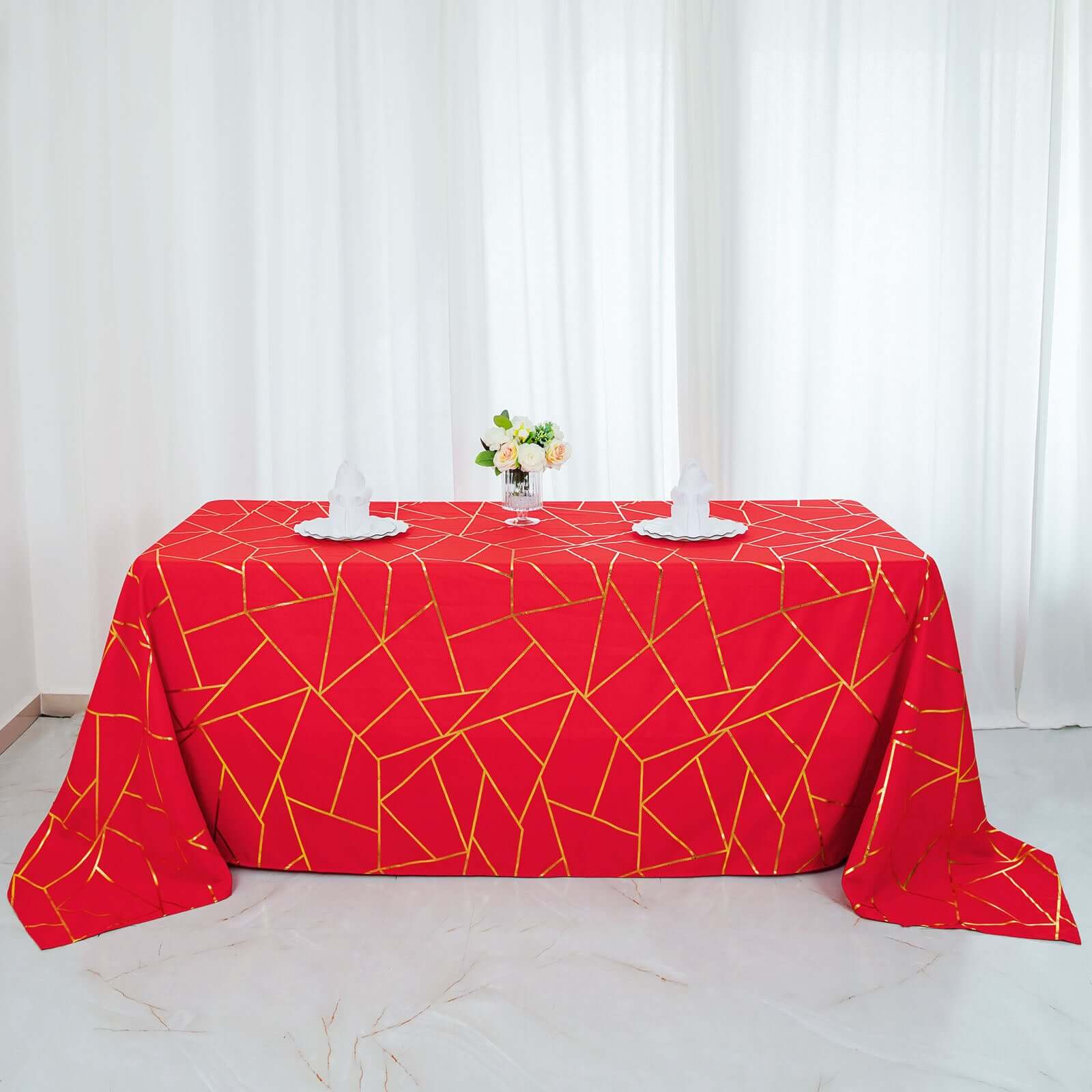 Polyester 90x132 Rectangle Tablecloth Red Seamless with Gold Foil Geometric Pattern - Wrinkle-Resistant Seamless Table Cover