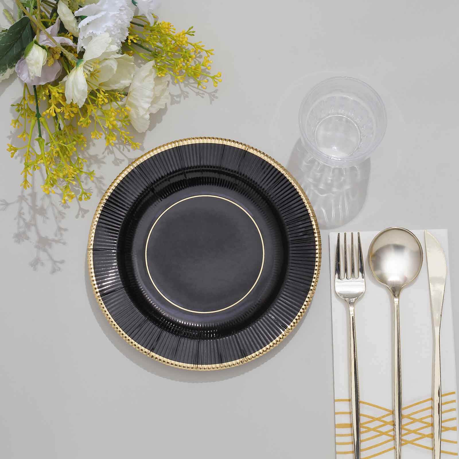 25-Pack Paper 8 Round Dessert Plates in Black Sunray Design with Gold Rim - Disposable Heavy Duty 350GSM Appetizer Salad Plates