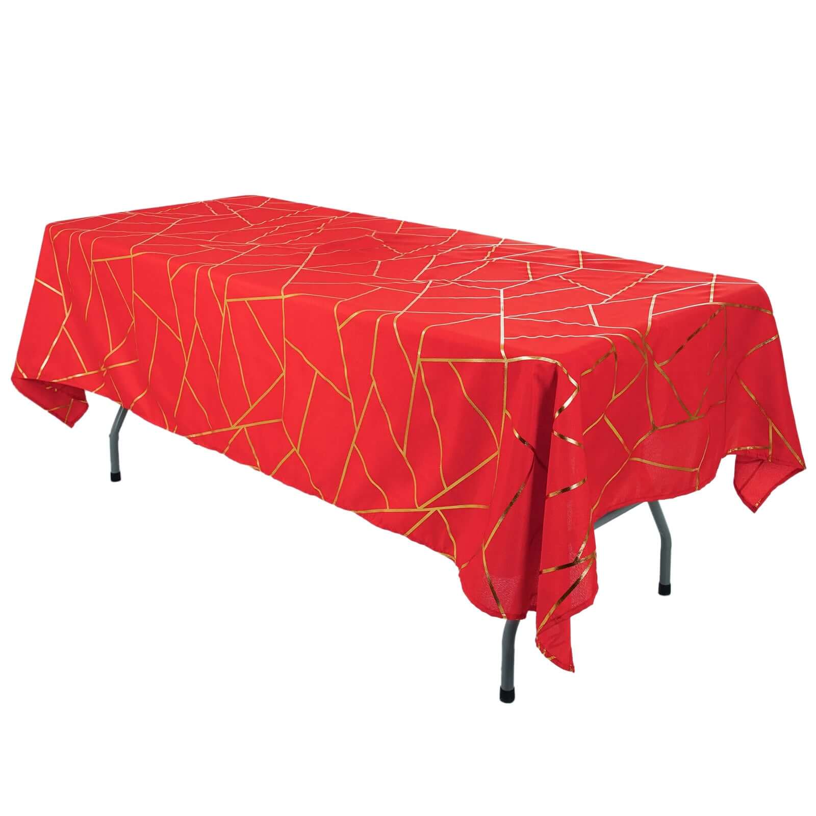 Polyester 60x102 Rectangle Tablecloth Red with Gold Foil Geometric Pattern - Wrinkle-Resistant & Durable Table Cover