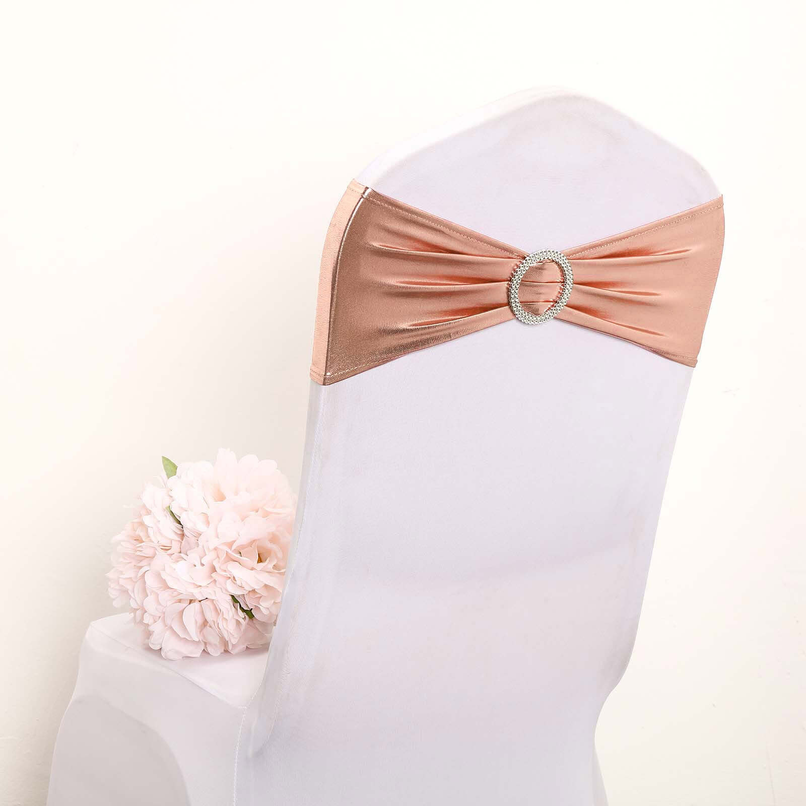 5 Pack Metallic Spandex Chair Sashes Blush - Stretch Fit Chair Bands With Round Diamond Buckles