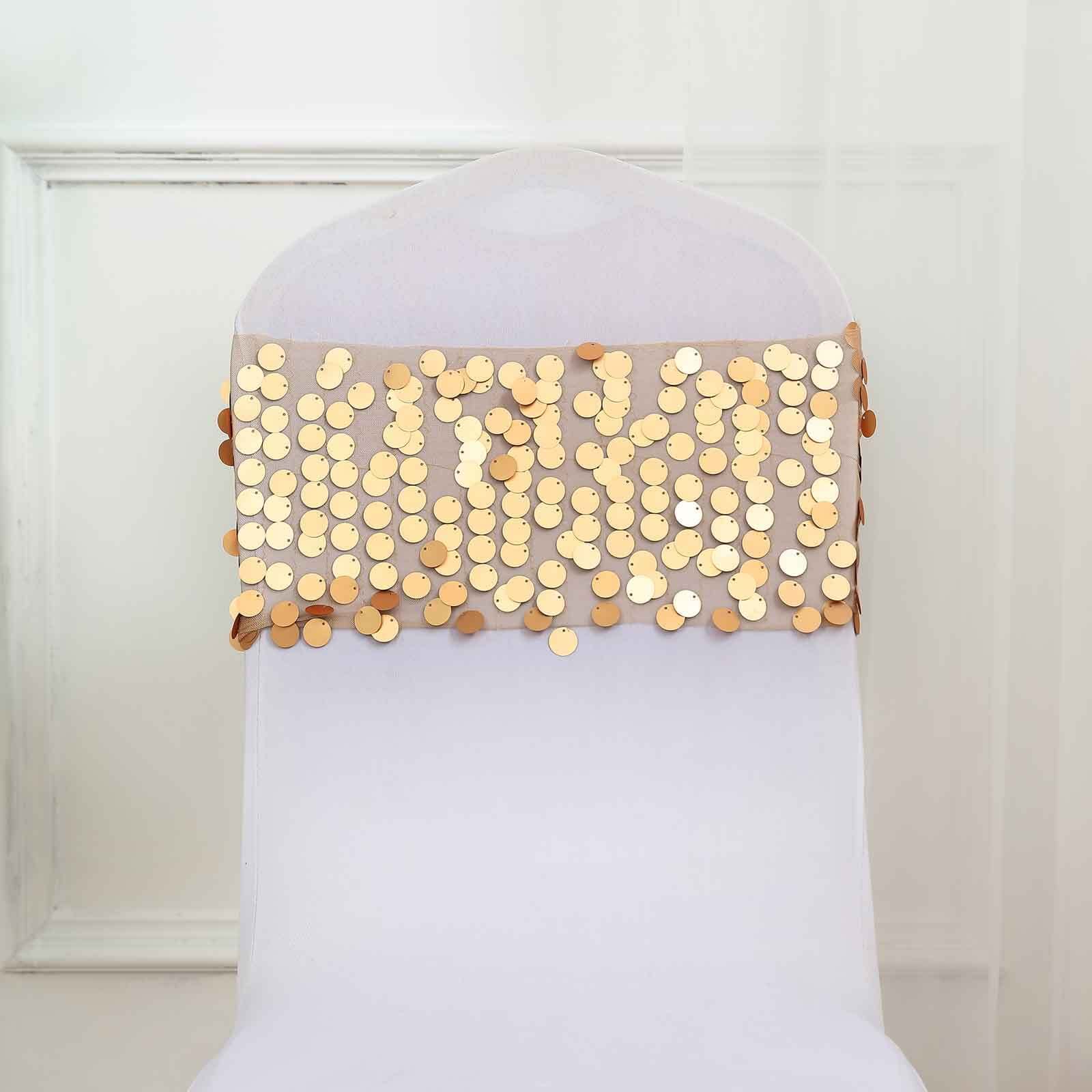 5 Pack Big Payette Sequin 13x10 Chair Sash Bands Matte Champagne - Stylish Glittering Decor for Weddings & Gatherings