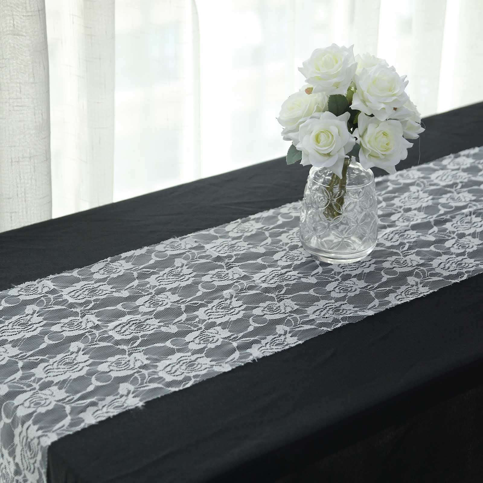 Lace 12x108 Table Runner White with Rose Flower Pattern - Stylish Vintage Table Decor