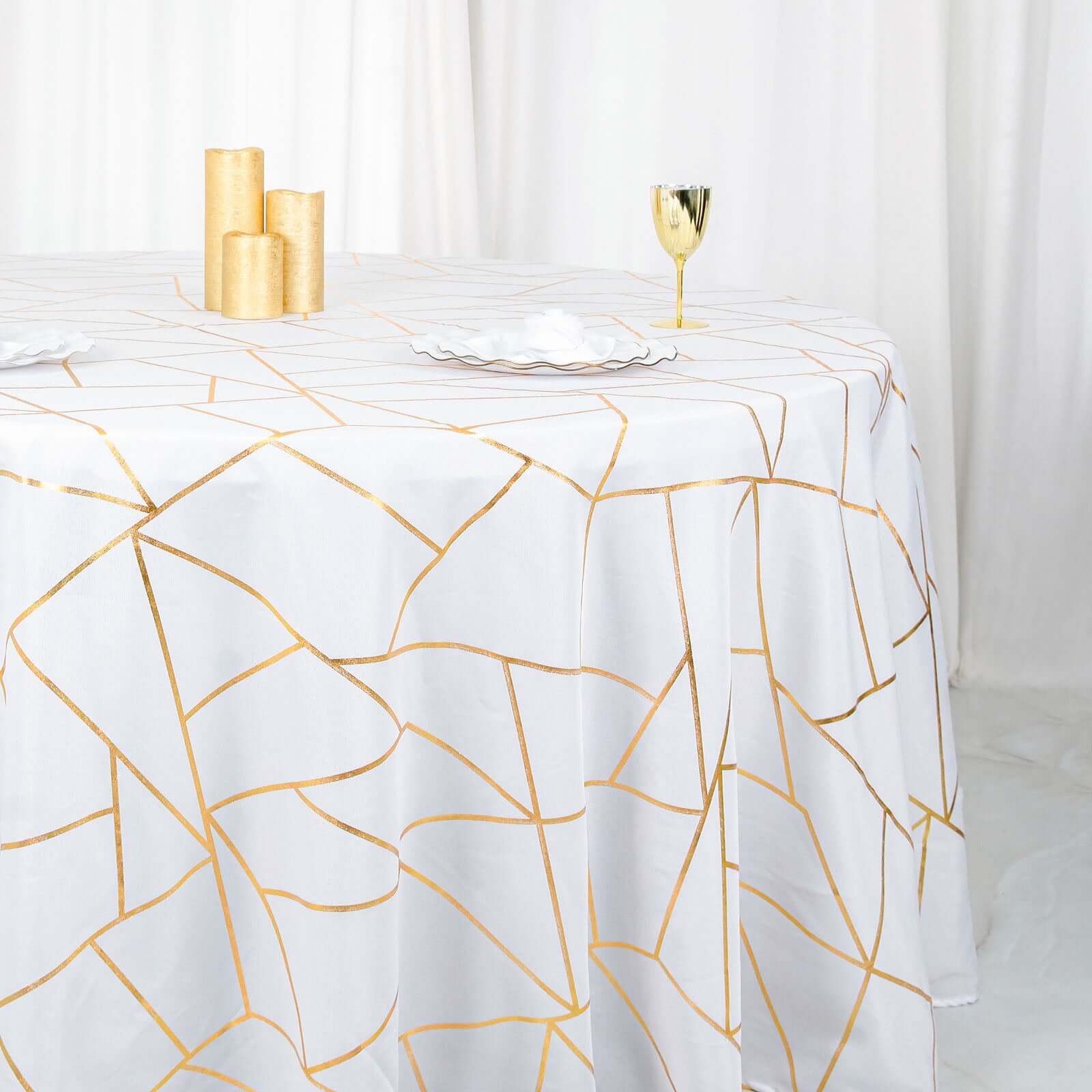 Polyester 120 Round Tablecloth White with Gold Foil Geometric Pattern Wrinkle-Resistant Modern Seamless Table Cover