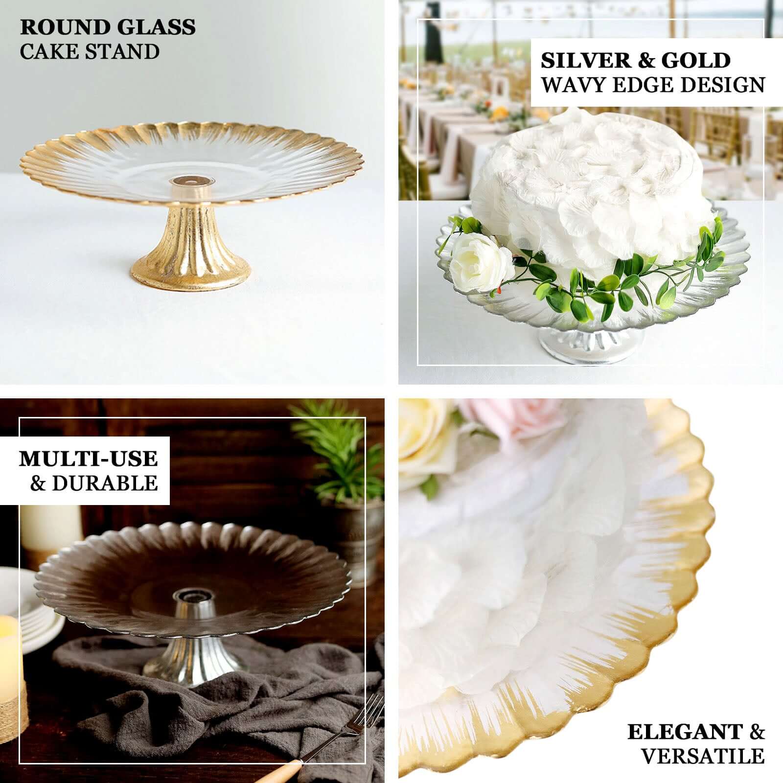 Glass Pedestal Cake Stand Wavy Edge Design Silver - Cupcake Holder and Dessert Display Plate 12