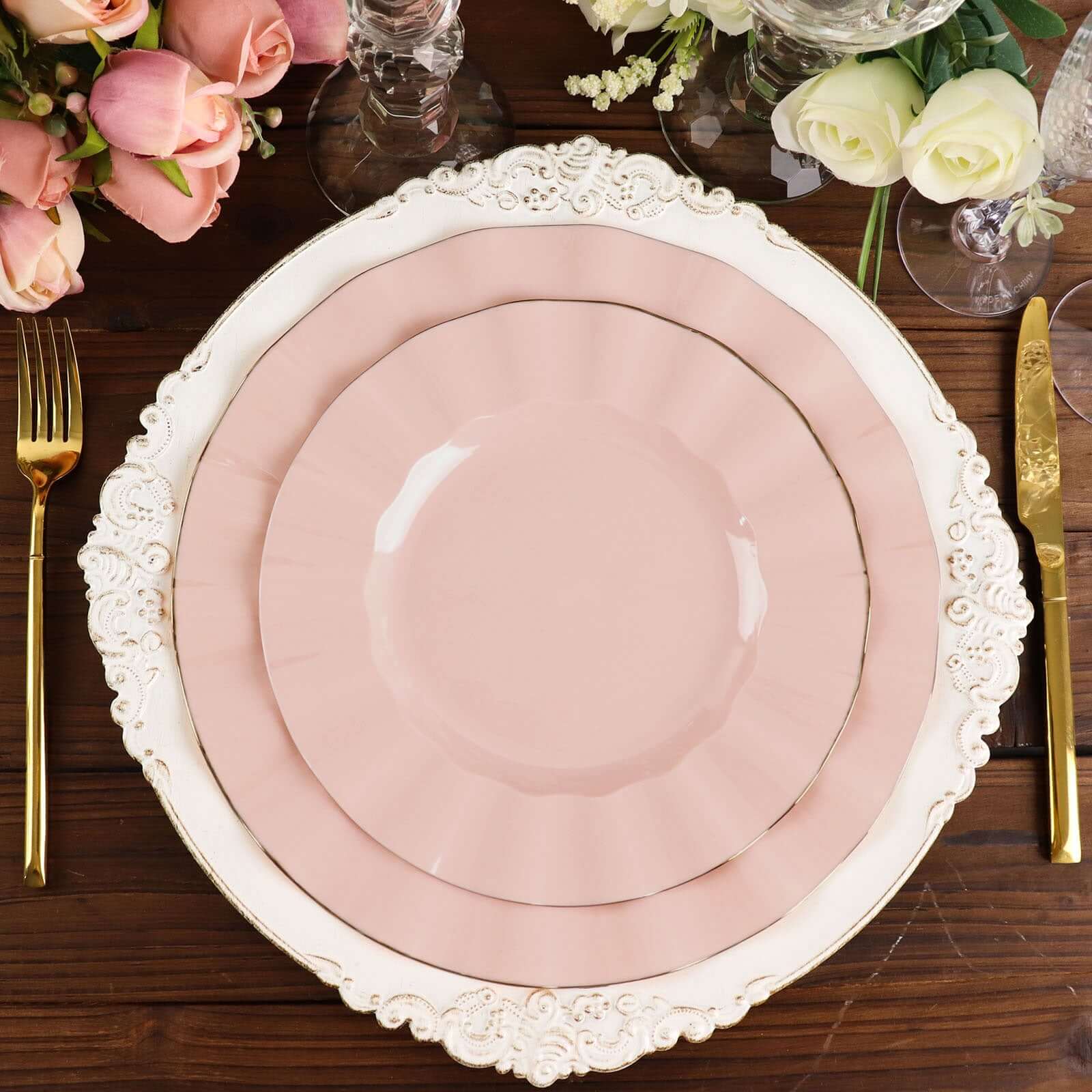 10-Pack Plastic 9 Round Dinner Plates in Blush Ruffled Rim with Gold Edging - Sturdy Disposable Dinnerware