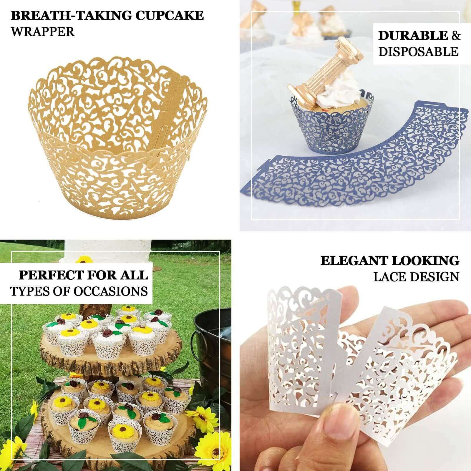 25-Pack Paper Cupcake Wrappers Lace Laser Cut Design Black - Muffin Baking Cup Trays for Events